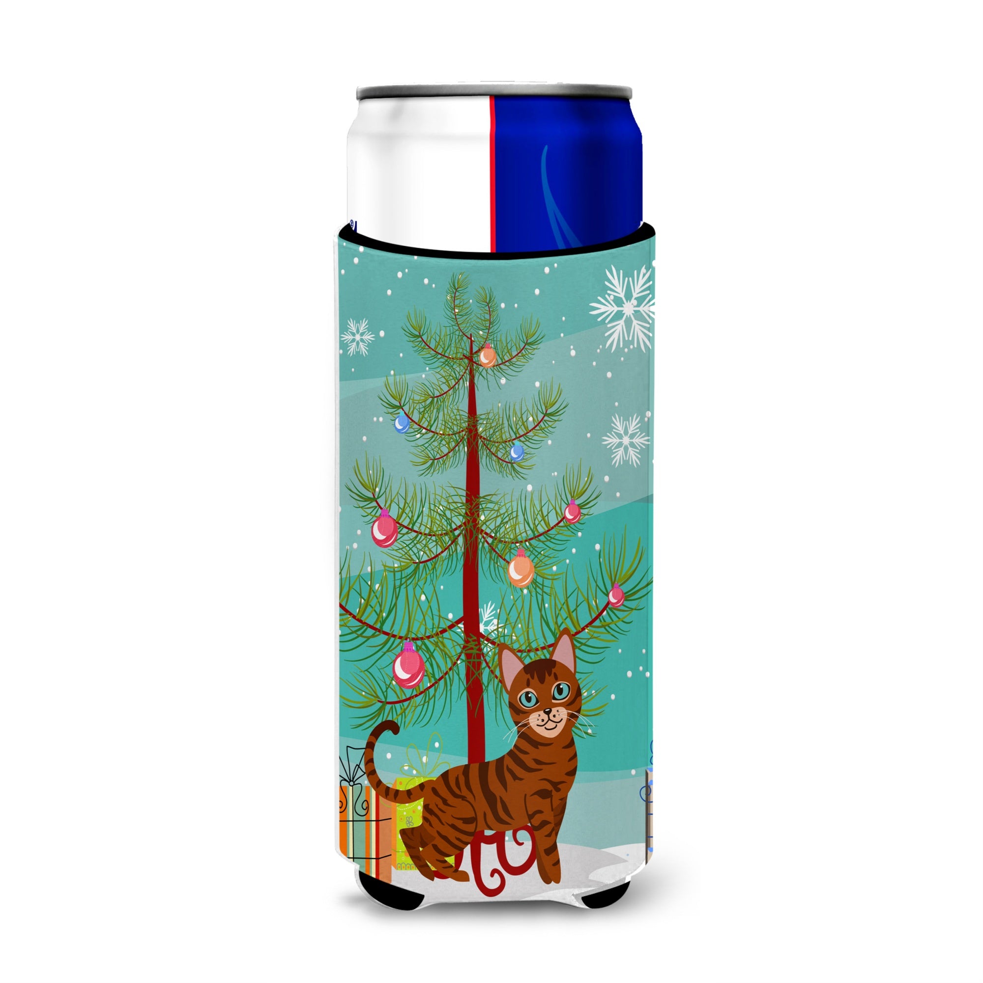 Caroline'S Treasures Toyger Cat Merry Christmas Tree Michelob Ultra Hugger For Slim Cans, Slim Can, Multicolor