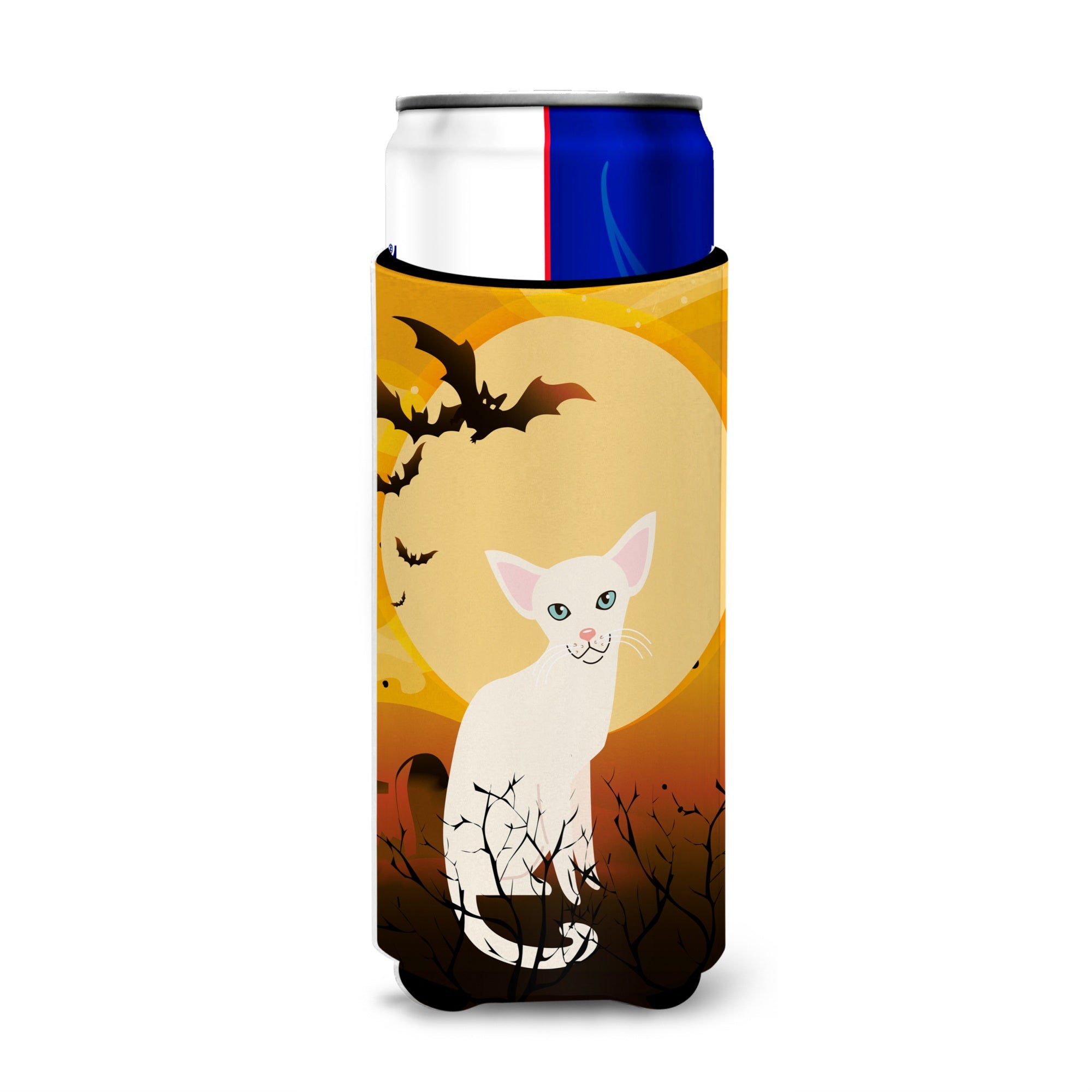 Caroline'S Treasures Halloween Foreign White Cat Michelob Ultra Hugger For Slim Cans, Slim Can, Multicolor