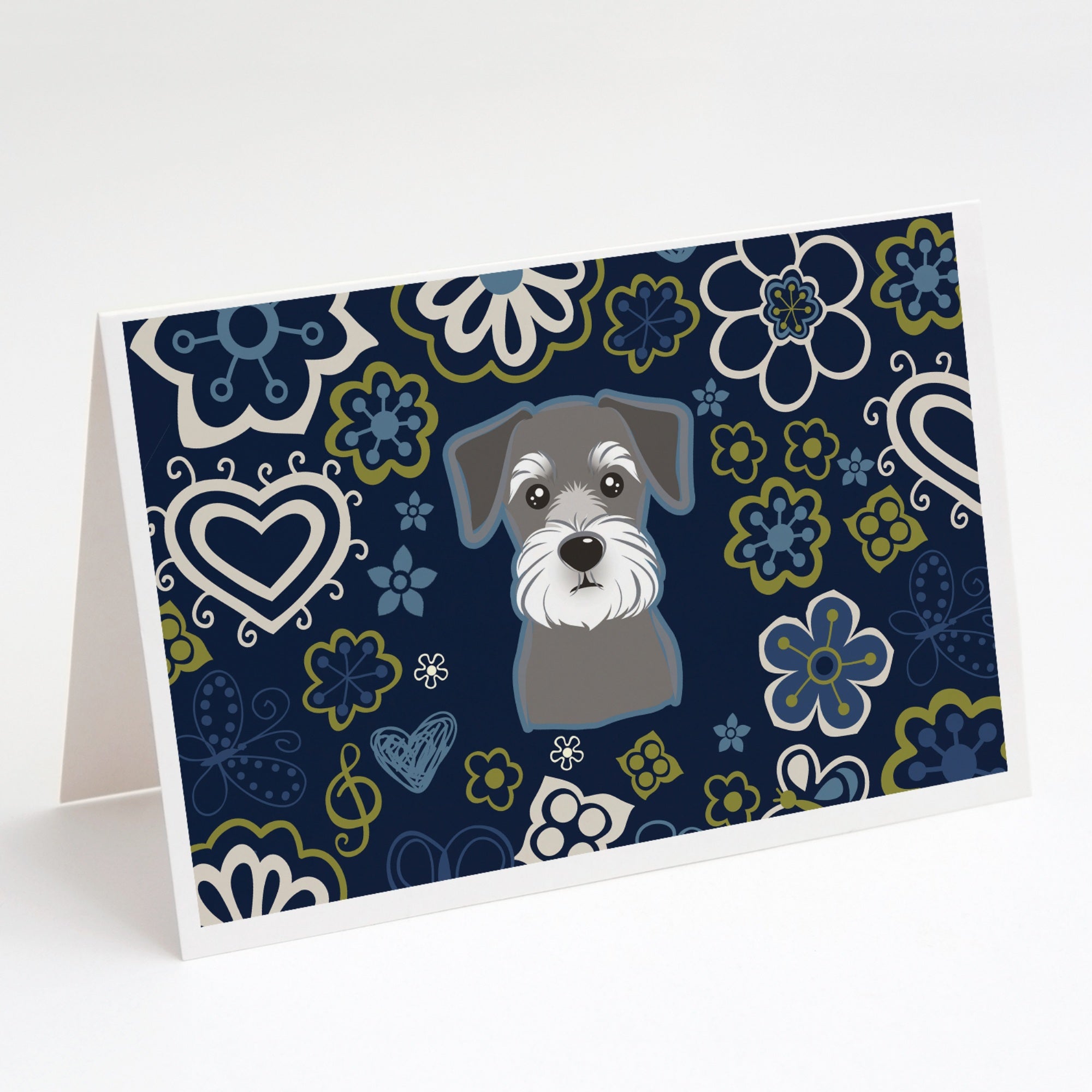 Blue Flowers Schnauzer Greeting Cards And Envelopes Pack Of 8