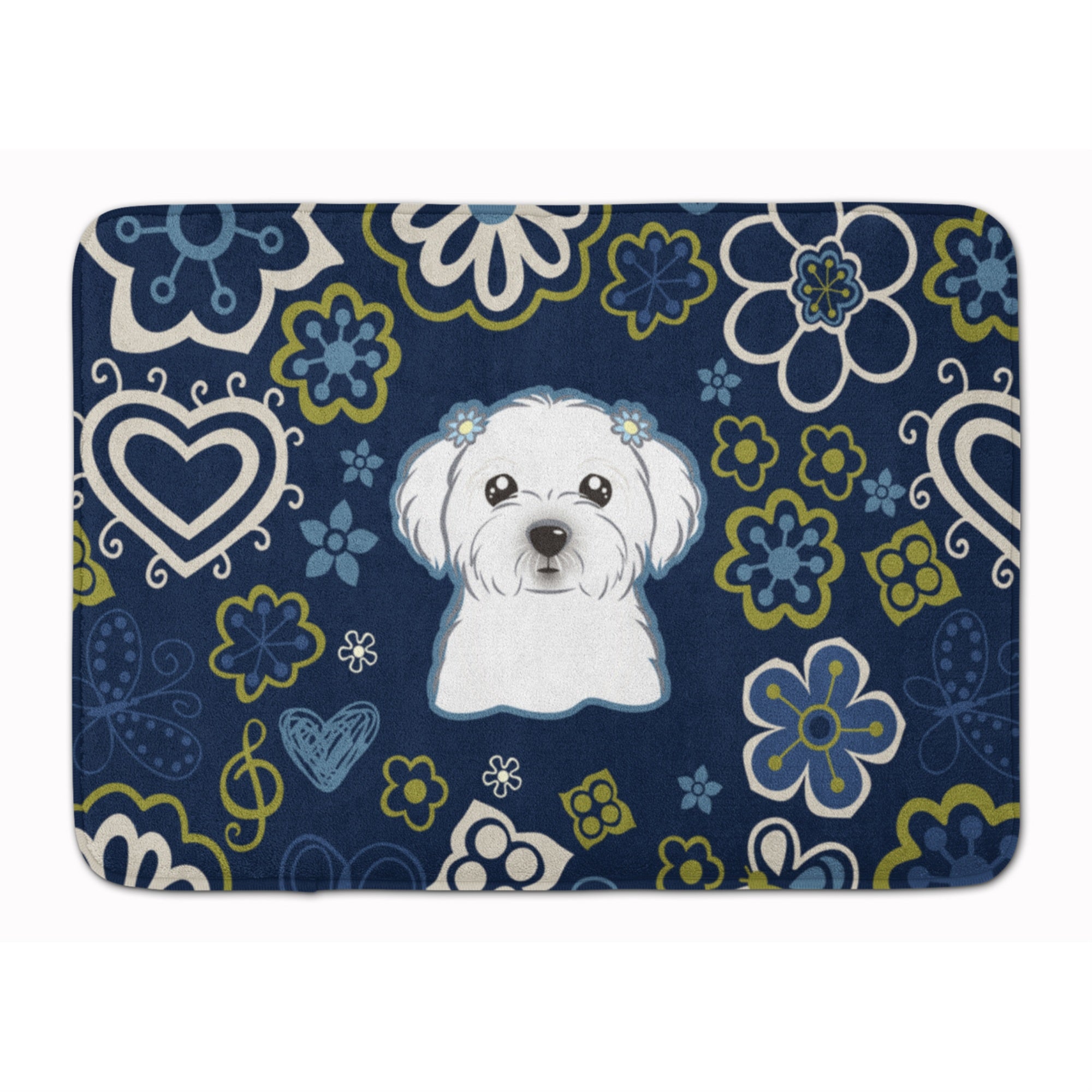 Caroline'S Treasures Blue Flowers Maltese Floor Mat, 19 X 27, Multicolor