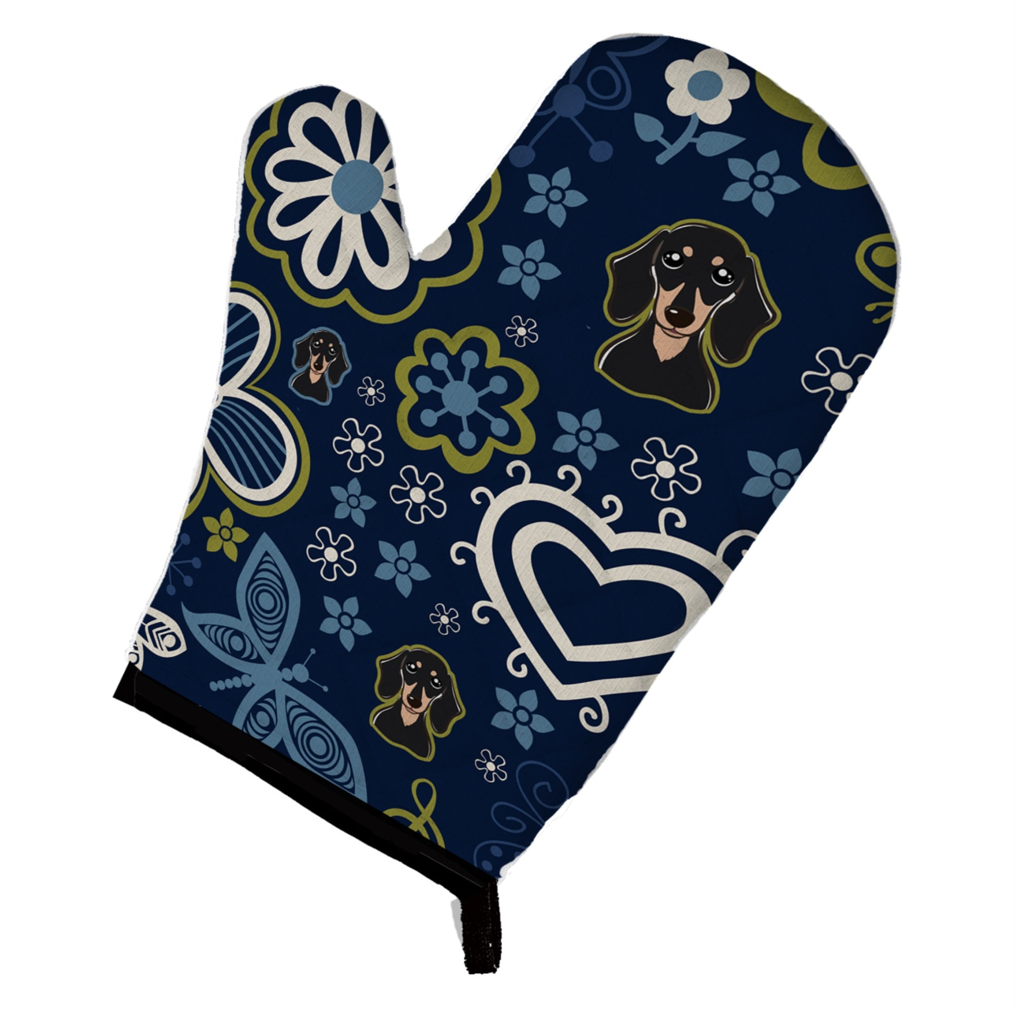 Caroline'S Treasures Blue Flowers Smooth Black And Tan Dachshund, Large, Multicolor Oven Mitt