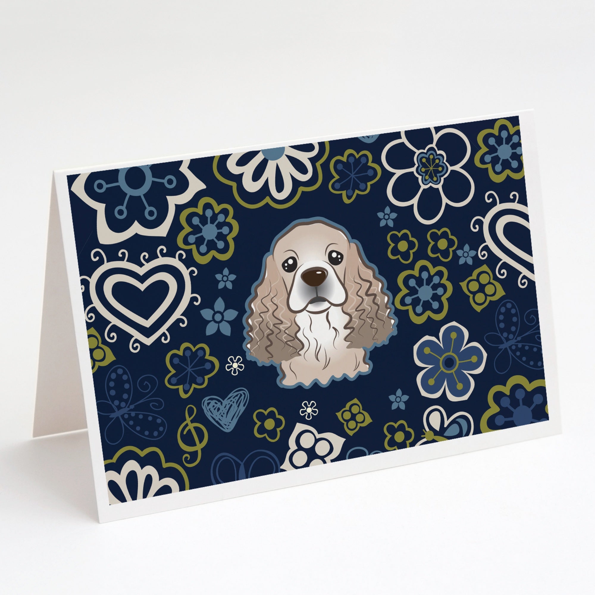 Blue Flowers Cocker Spaniel Greeting Cards And Envelopes Pack Of 8