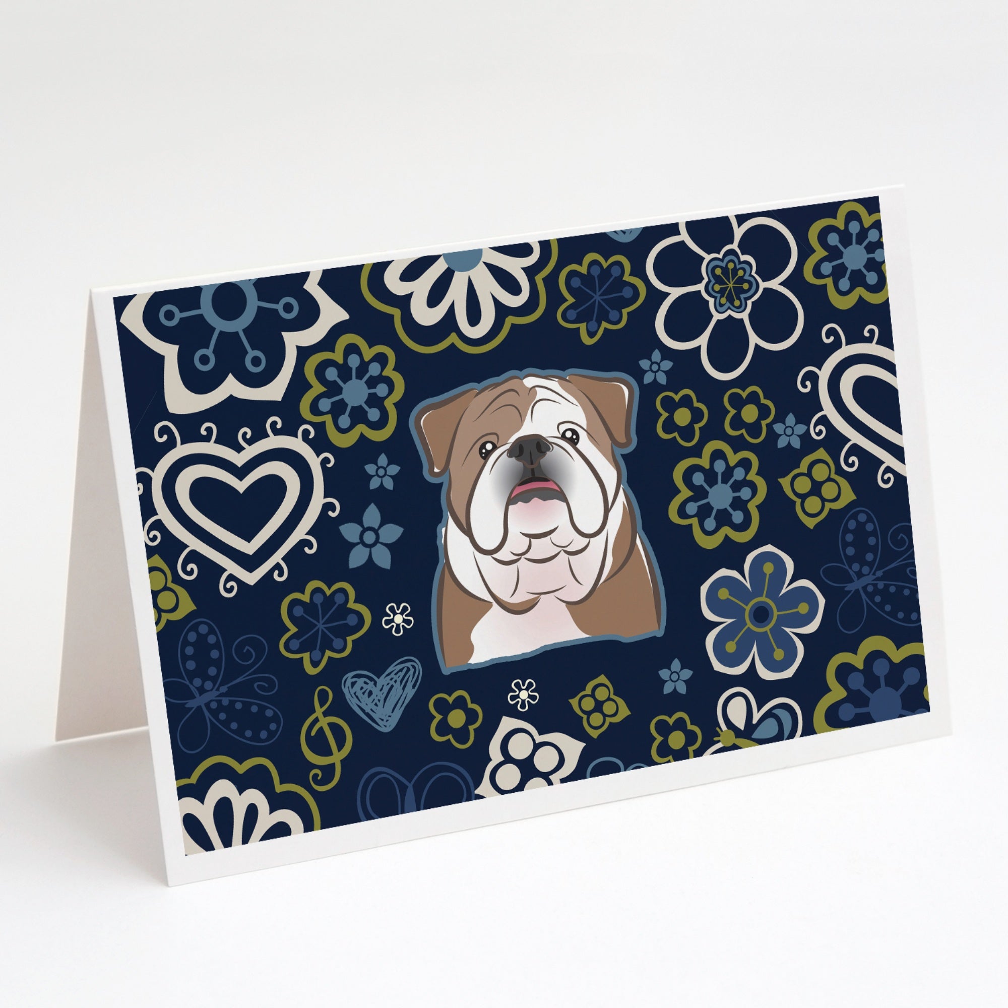 Blue Flowers English Bulldog  Greeting Cards And Envelopes Pack Of 8