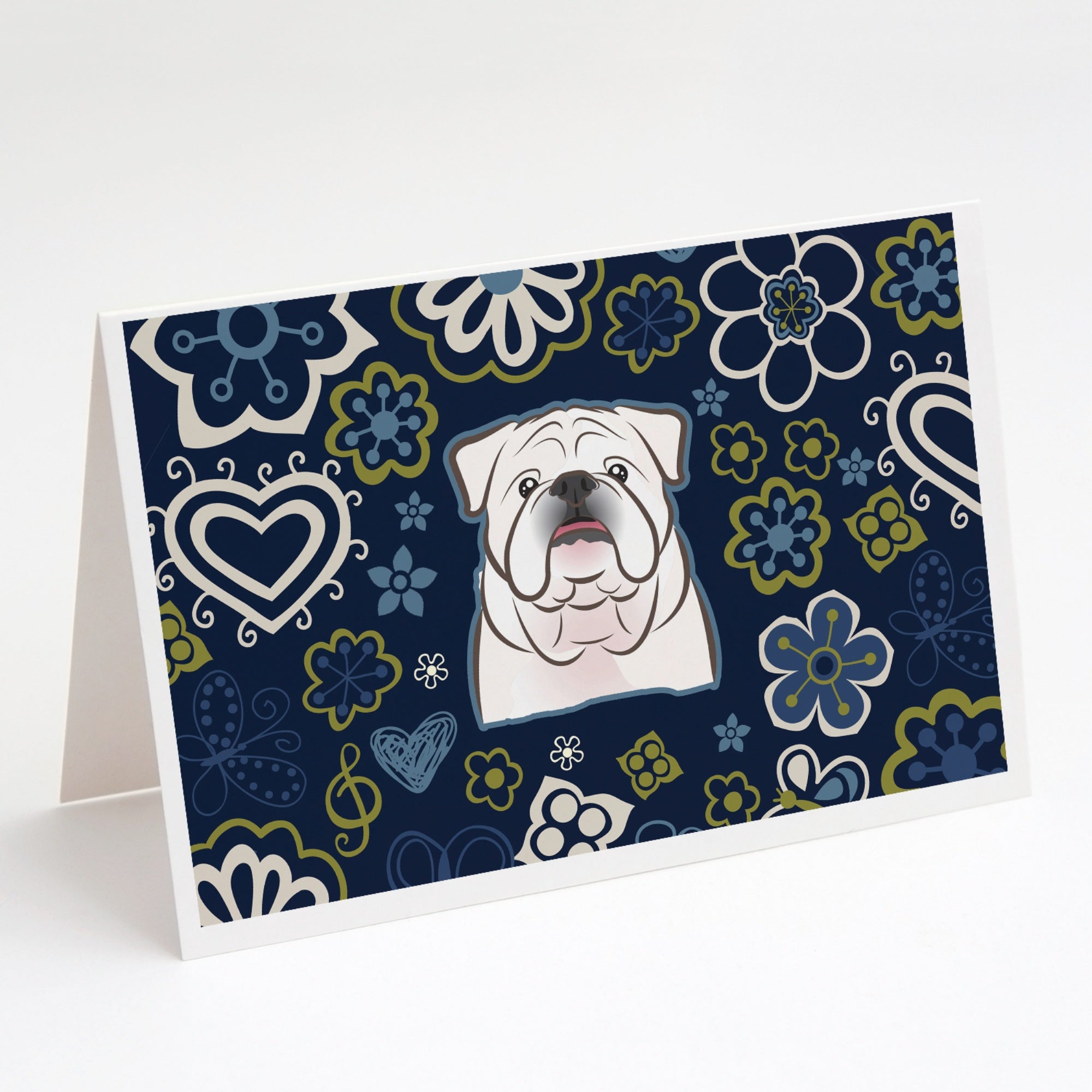 Blue Flowers White English Bulldog  Greeting Cards And Envelopes Pack Of 8