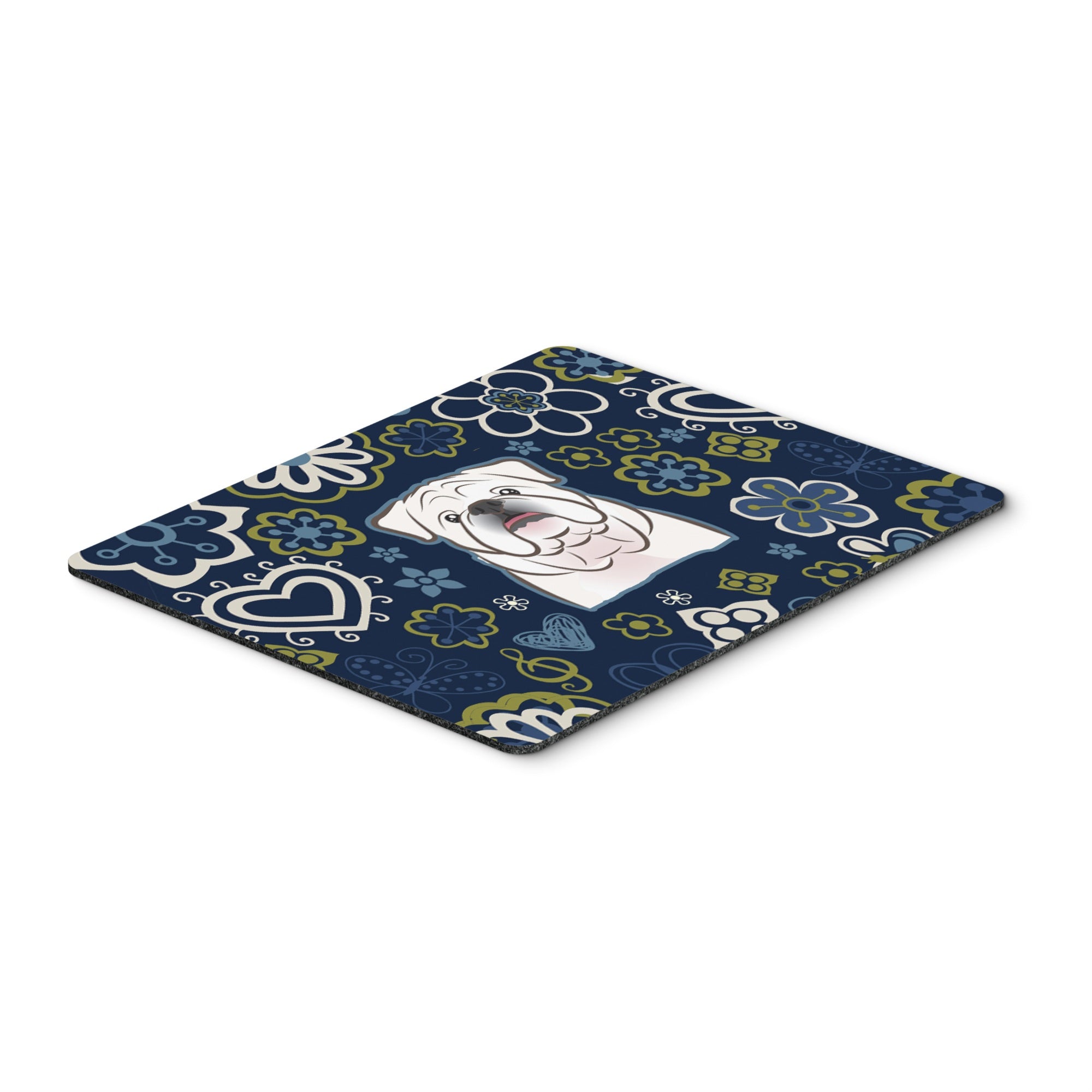 Blue Flowers White English Bulldog  Mouse Pad, Hot Pad Or Trivet
