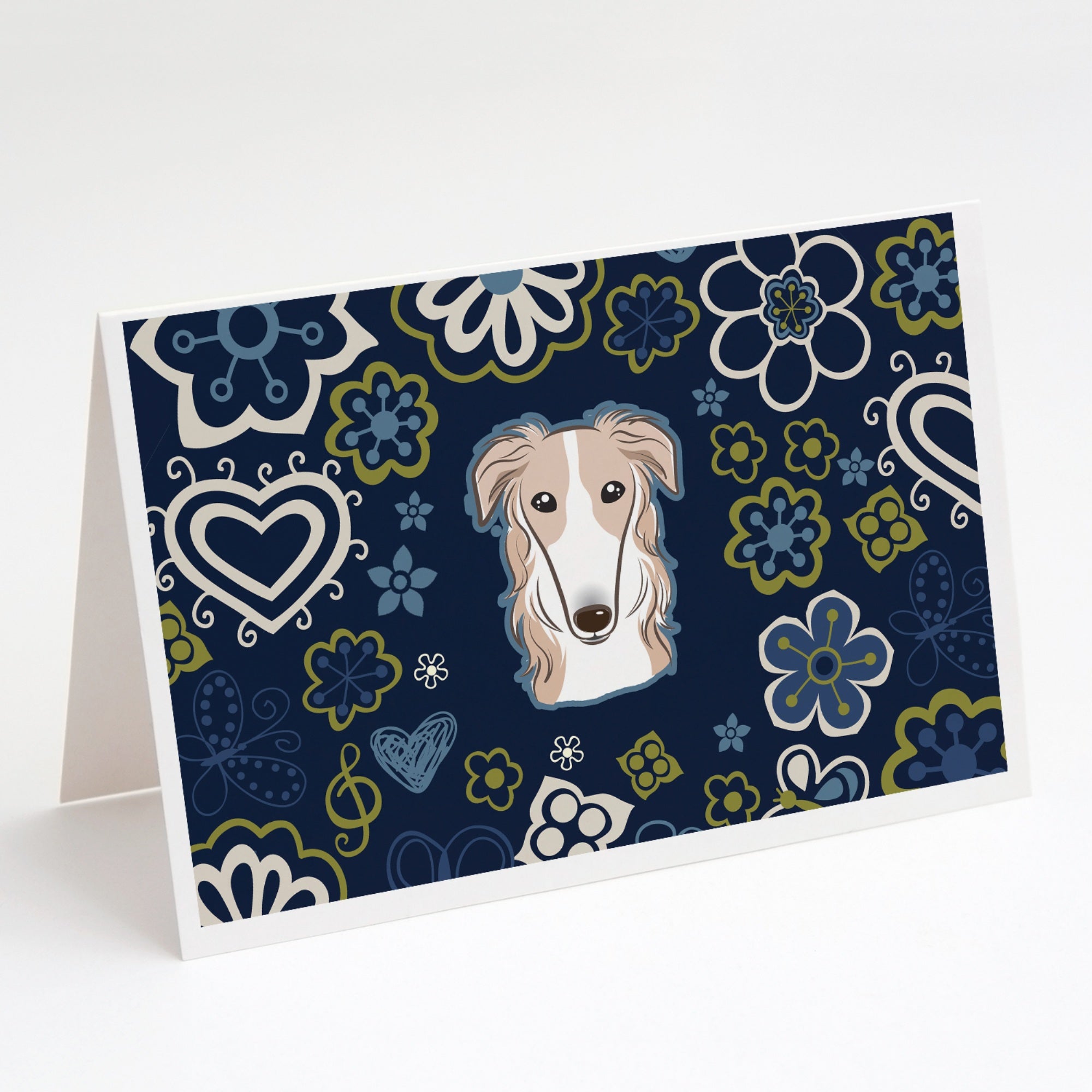 Blue Flowers Borzoi Greeting Cards And Envelopes Pack Of 8