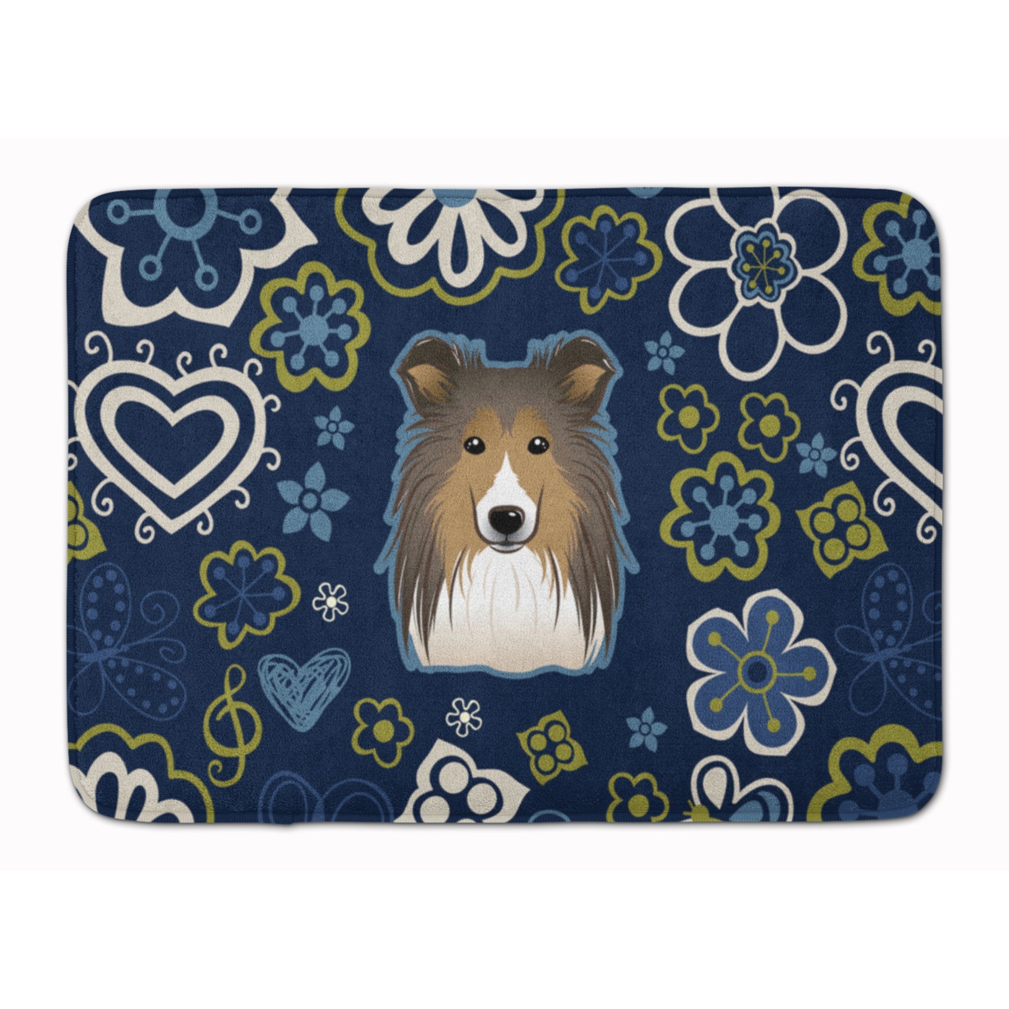 Caroline'S Treasures Blue Flowers Sheltie Floor Mat, 19 X 27, Multicolor