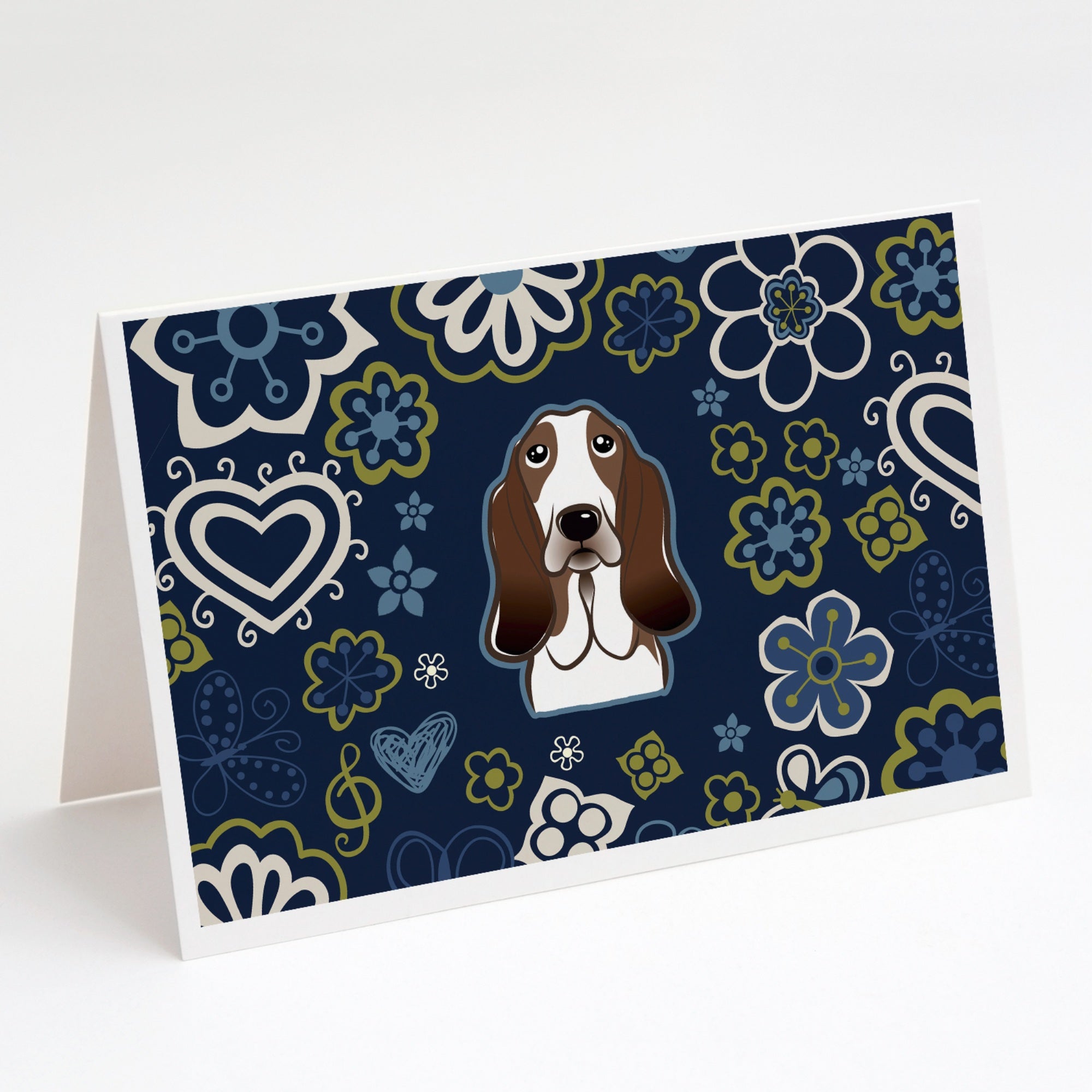 Blue Flowers Basset Hound Greeting Cards And Envelopes Pack Of 8