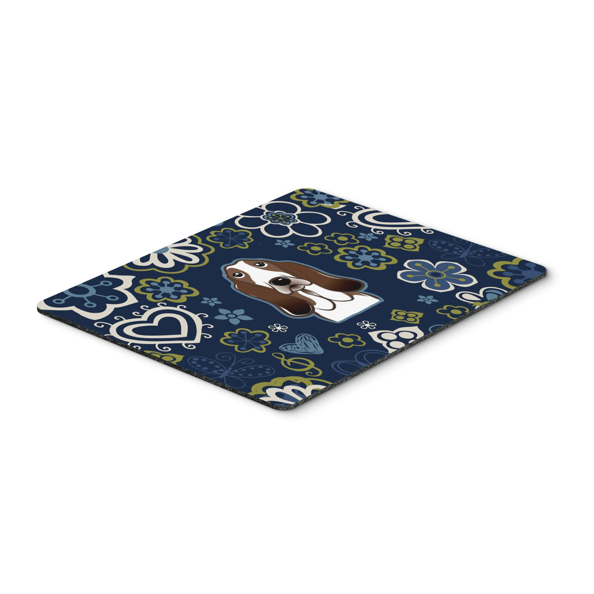 Blue Flowers Basset Hound Mouse Pad, Hot Pad Or Trivet