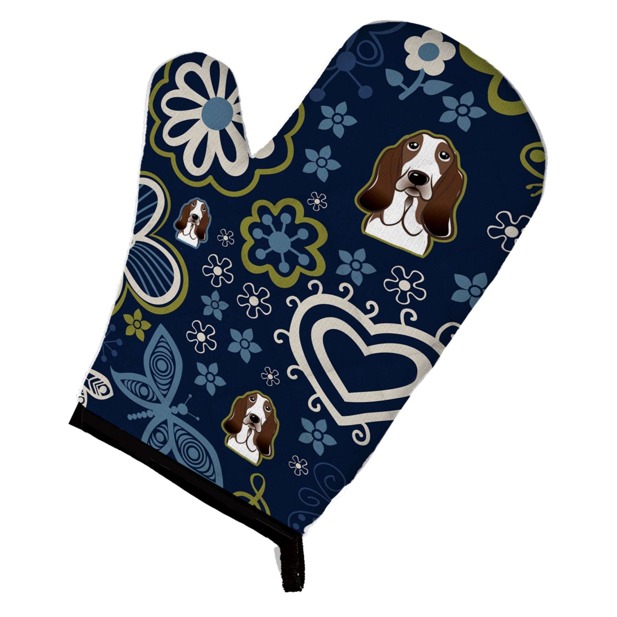 Caroline'S Treasures Blue Flowers Basset Hound, Large, Multicolor Oven Mitt