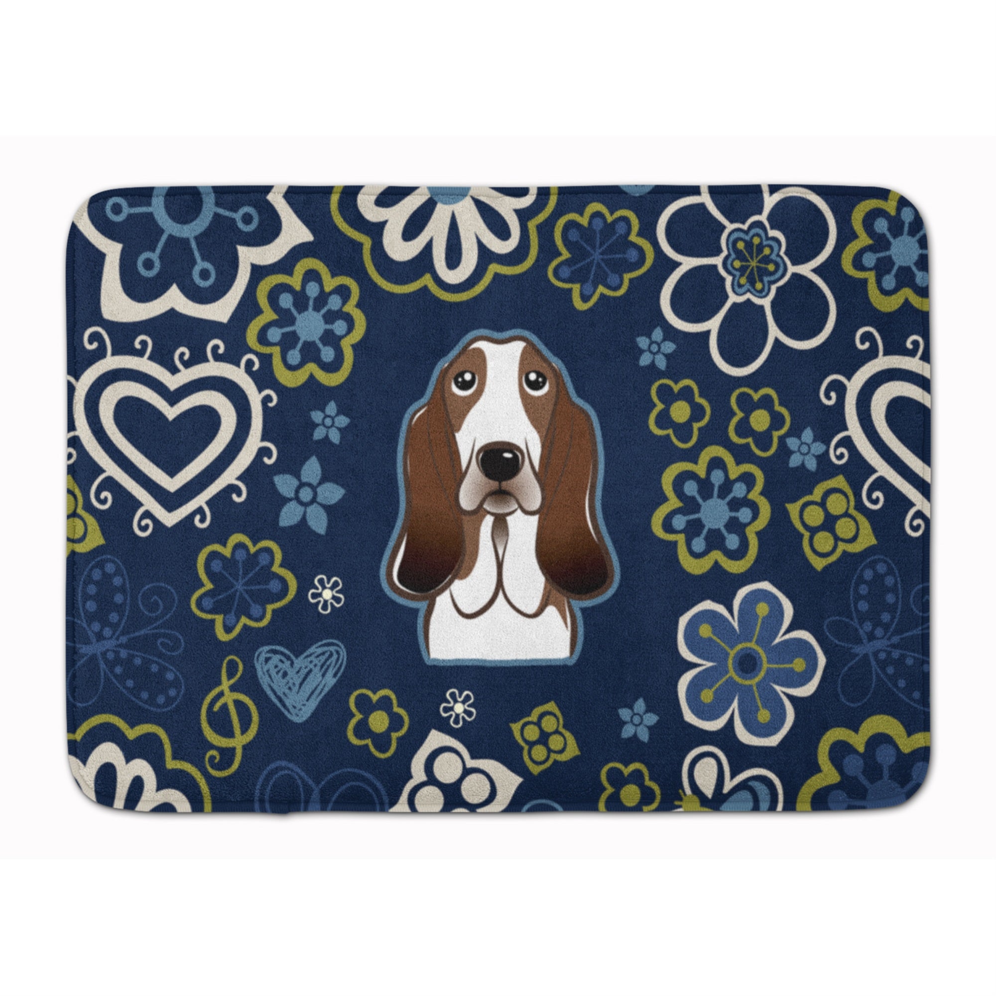 Caroline'S Treasures Blue Flowers Basset Hound Floor Mat, 19 X 27, Multicolor