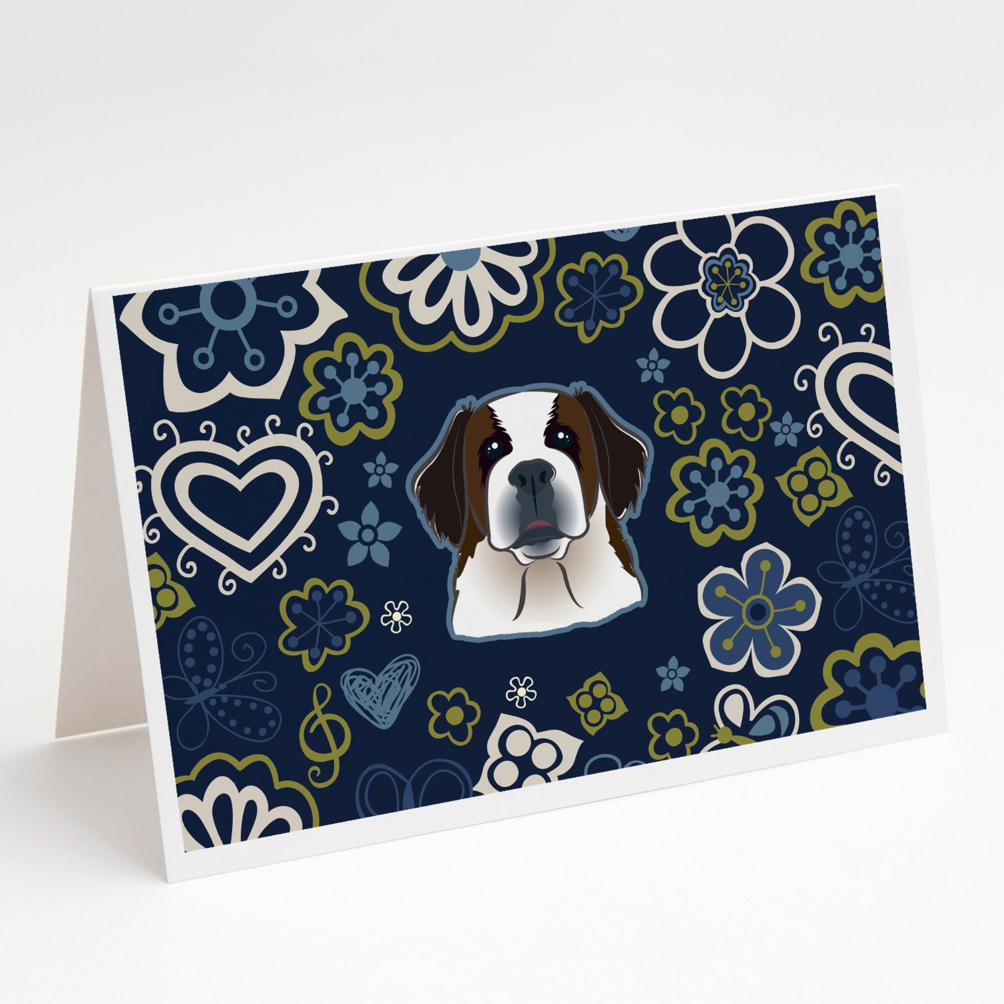 Blue Flowers Saint Bernard Greeting Cards And Envelopes Pack Of 8