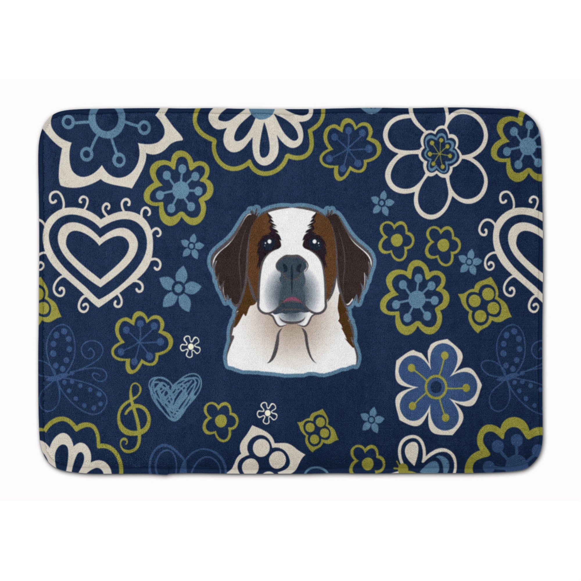 Caroline'S Treasures Blue Flowers Saint Bernard Floor Mat, 19 X 27, Multicolor