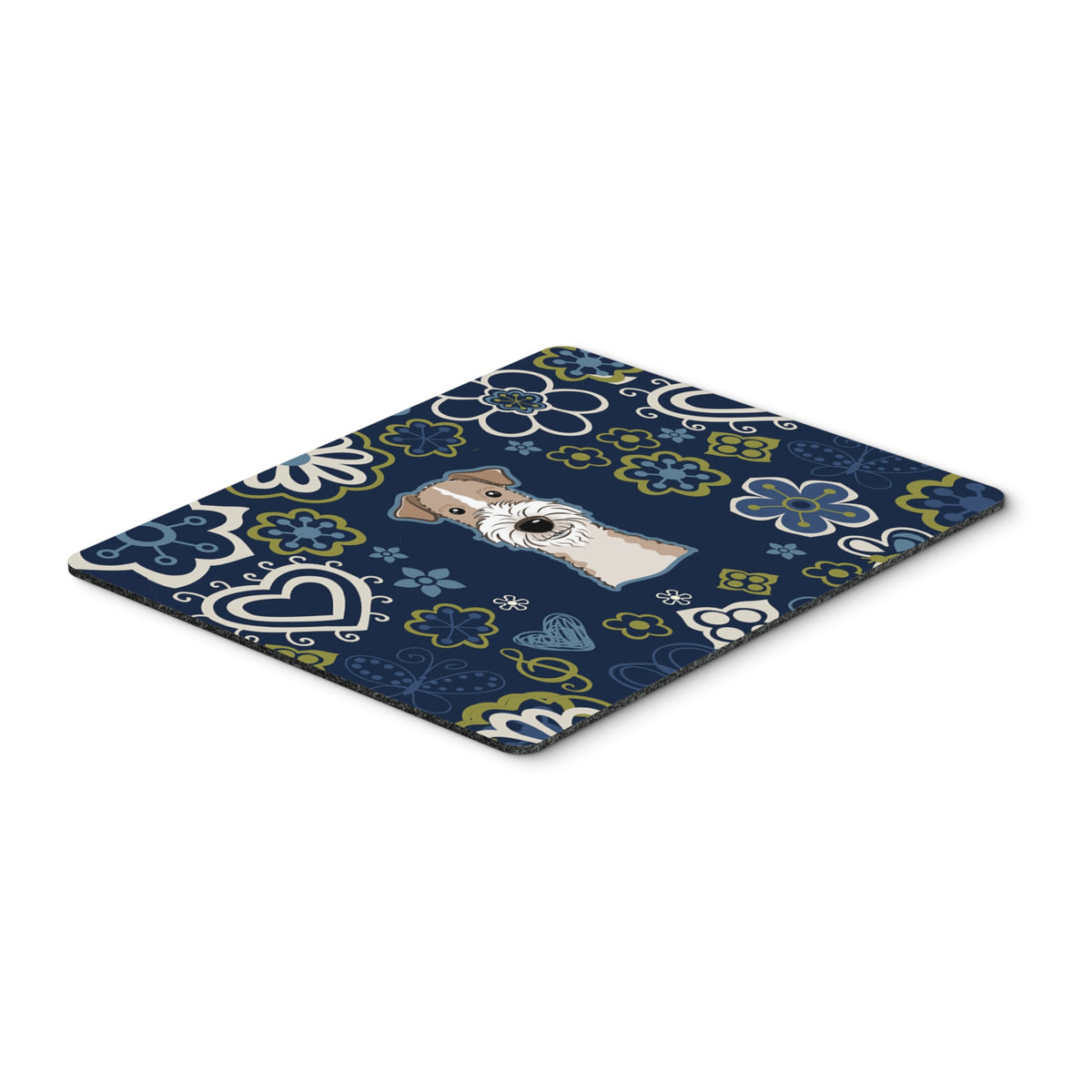 Blue Flowers Wire Haired Fox Terrier Mouse Pad, Hot Pad Or Trivet