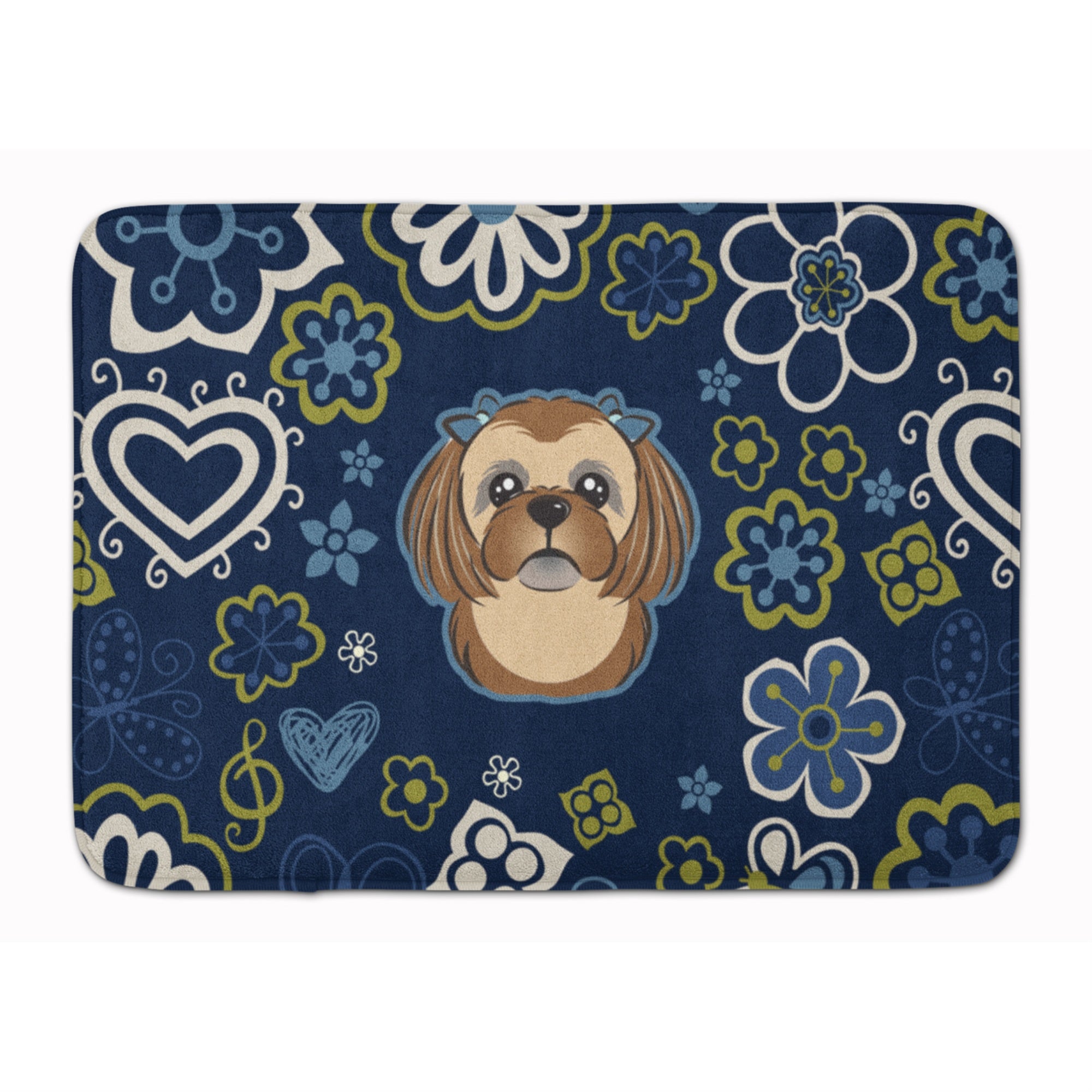 Caroline'S Treasures Blue Flowers Chocolate Brown Shih Tzu Floor Mat, 19 X 27, Multicolor