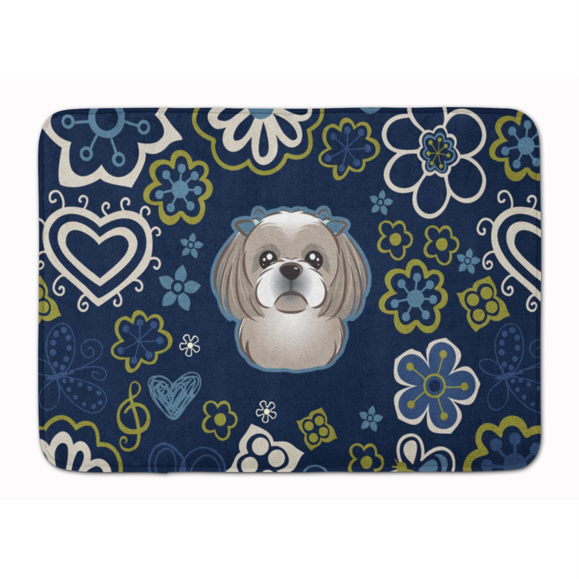 Caroline'S Treasures Blue Flowers Gray Silver Shih Tzu Floor Mat, 19 X 27, Multicolor