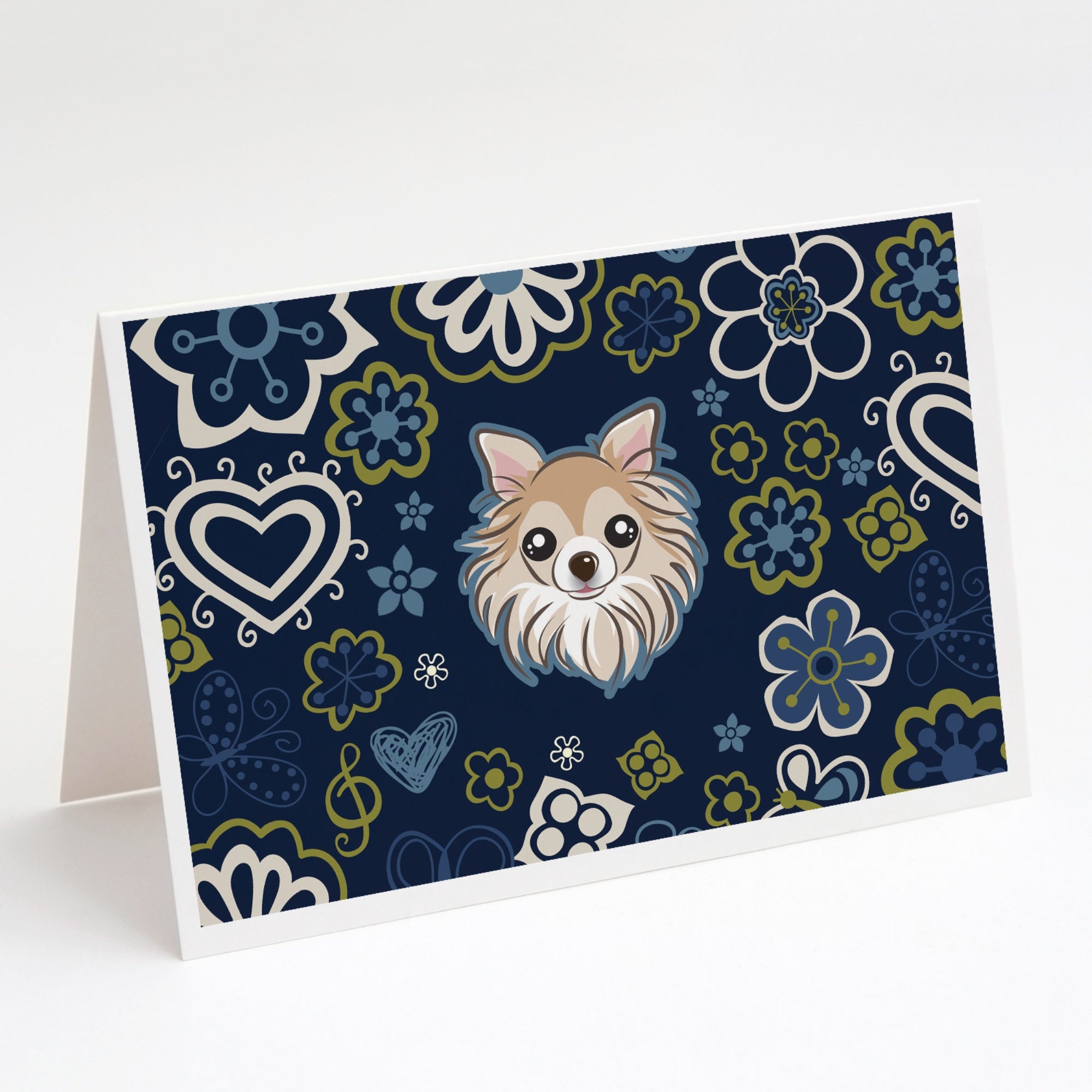 Blue Flowers Chihuahua Greeting Cards And Envelopes Pack Of 8
