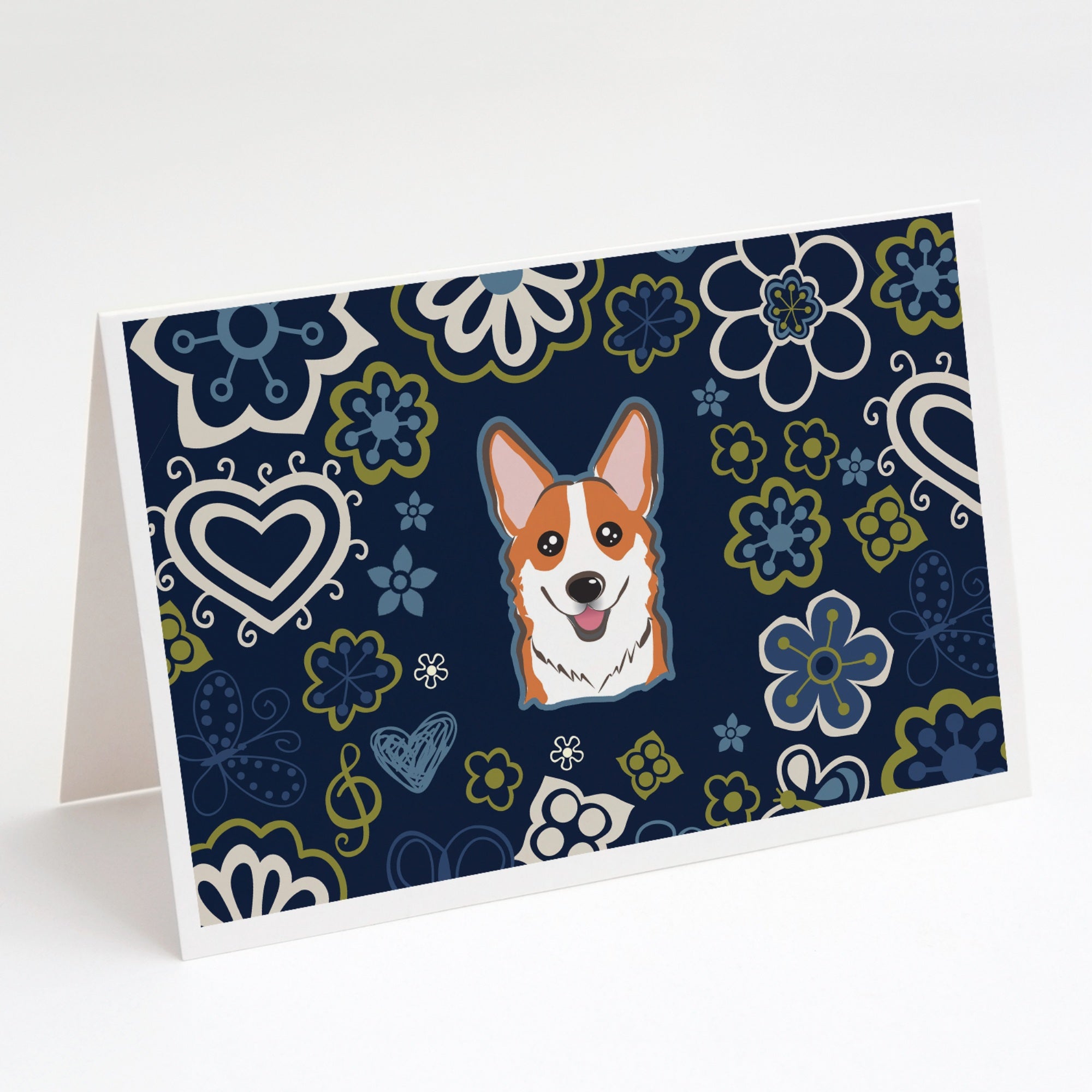 Blue Flowers Red Corgi Greeting Cards And Envelopes Pack Of 8