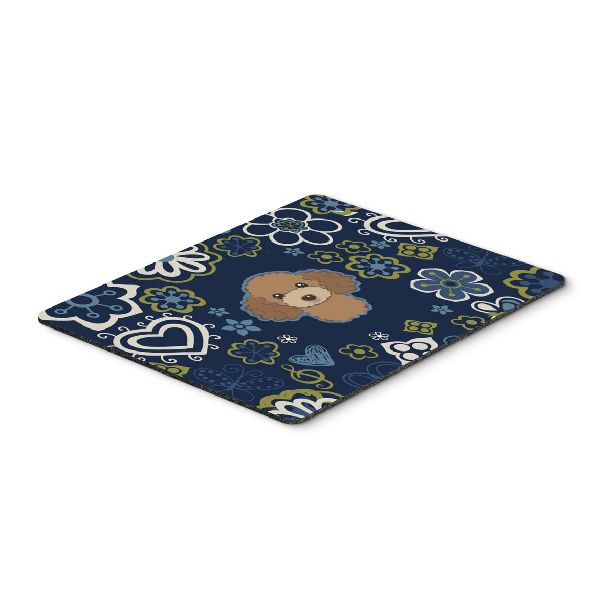 Blue Flowers Chocolate Brown Poodle Mouse Pad, Hot Pad Or Trivet