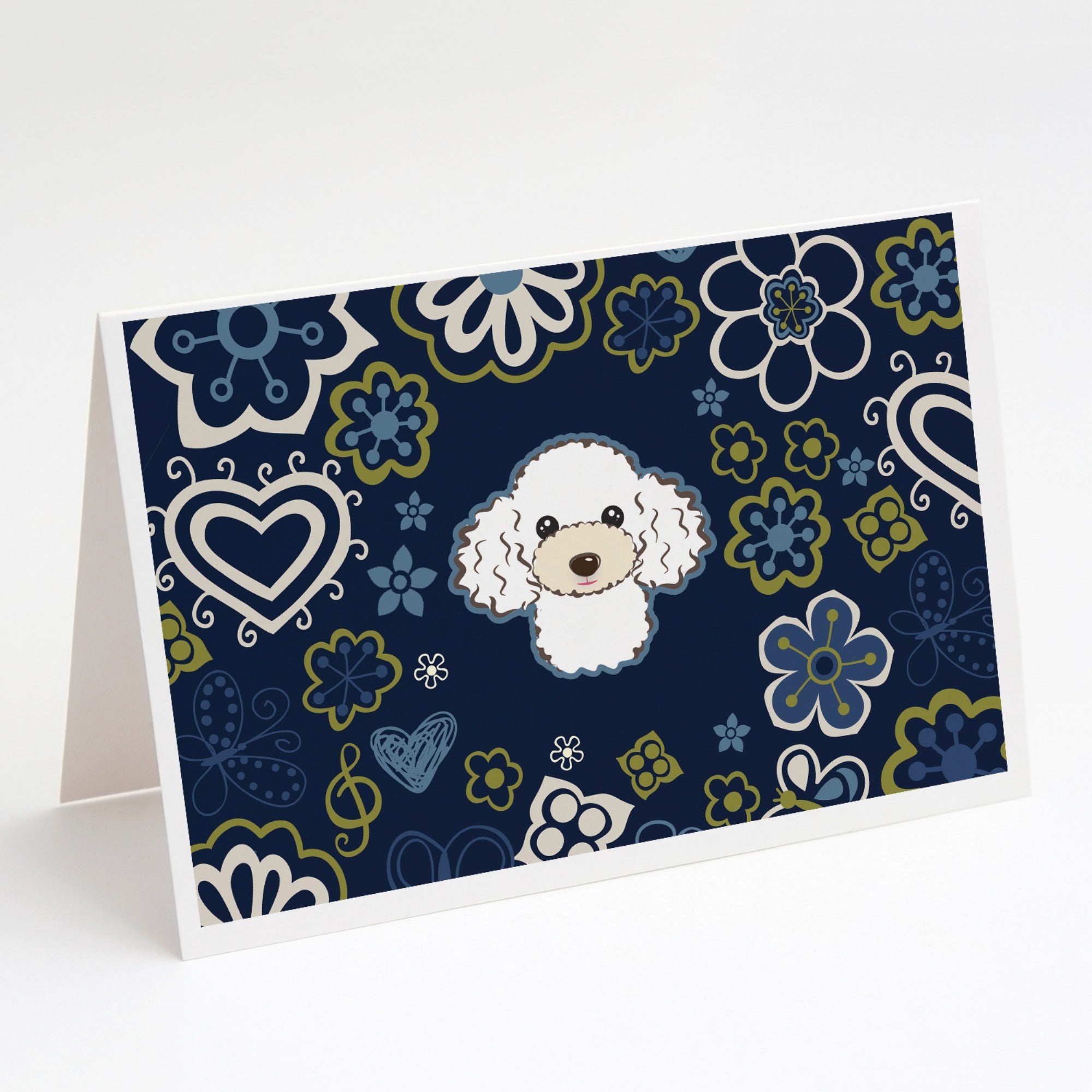 Blue Flowers White Poodle Greeting Cards And Envelopes Pack Of 8