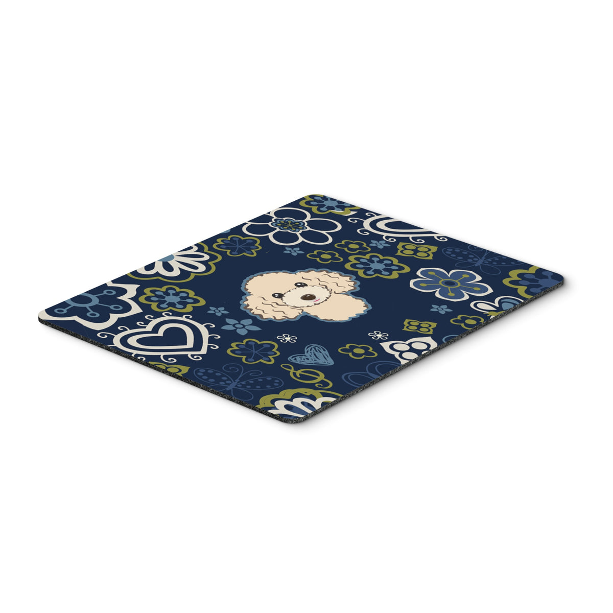 Blue Flowers Buff Poodle Mouse Pad, Hot Pad Or Trivet