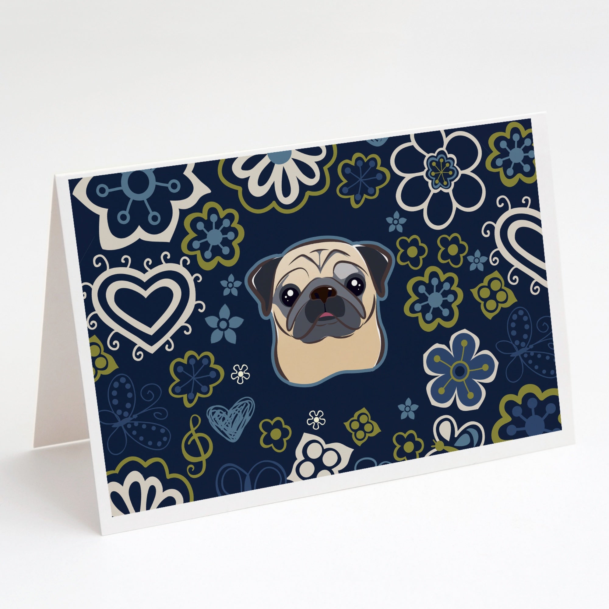 Blue Flowers Fawn Pug Greeting Cards And Envelopes Pack Of 8