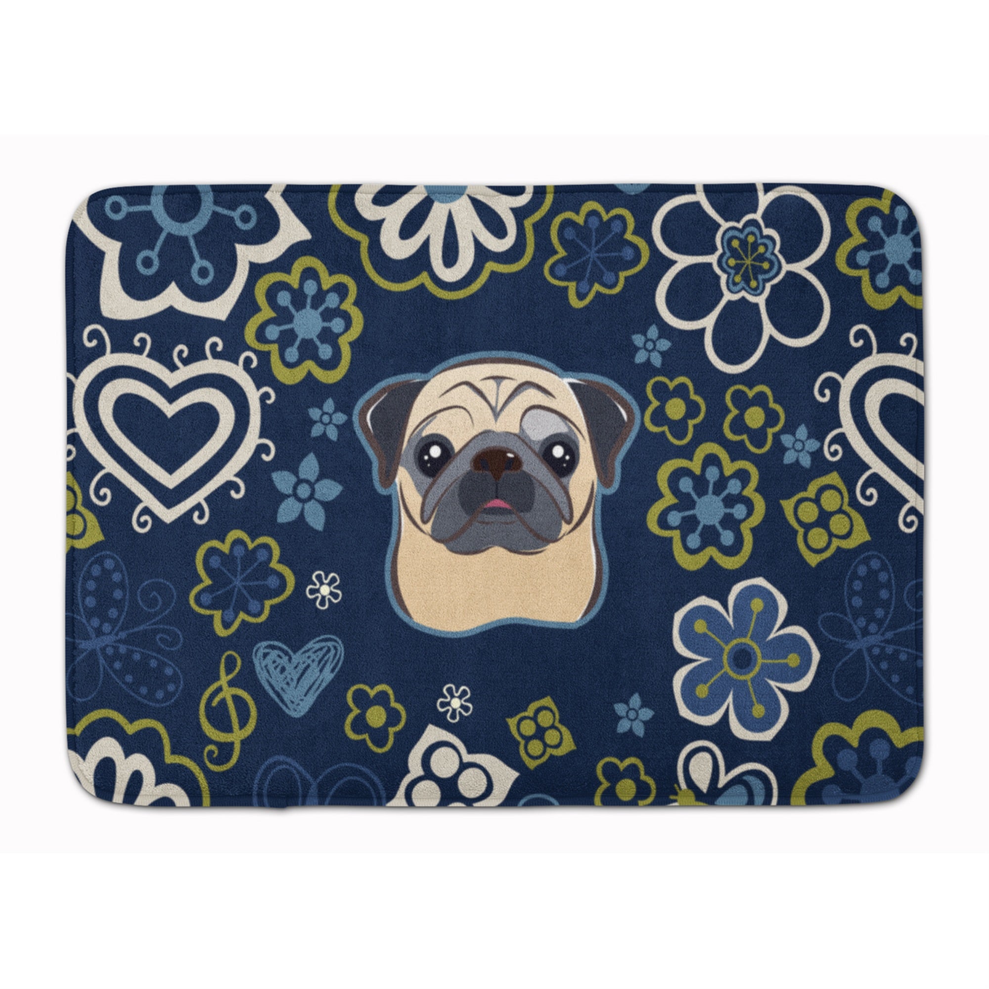 Caroline'S Treasures Blue Flowers Fawn Pug Floor Mat, 19 X 27, Multicolor
