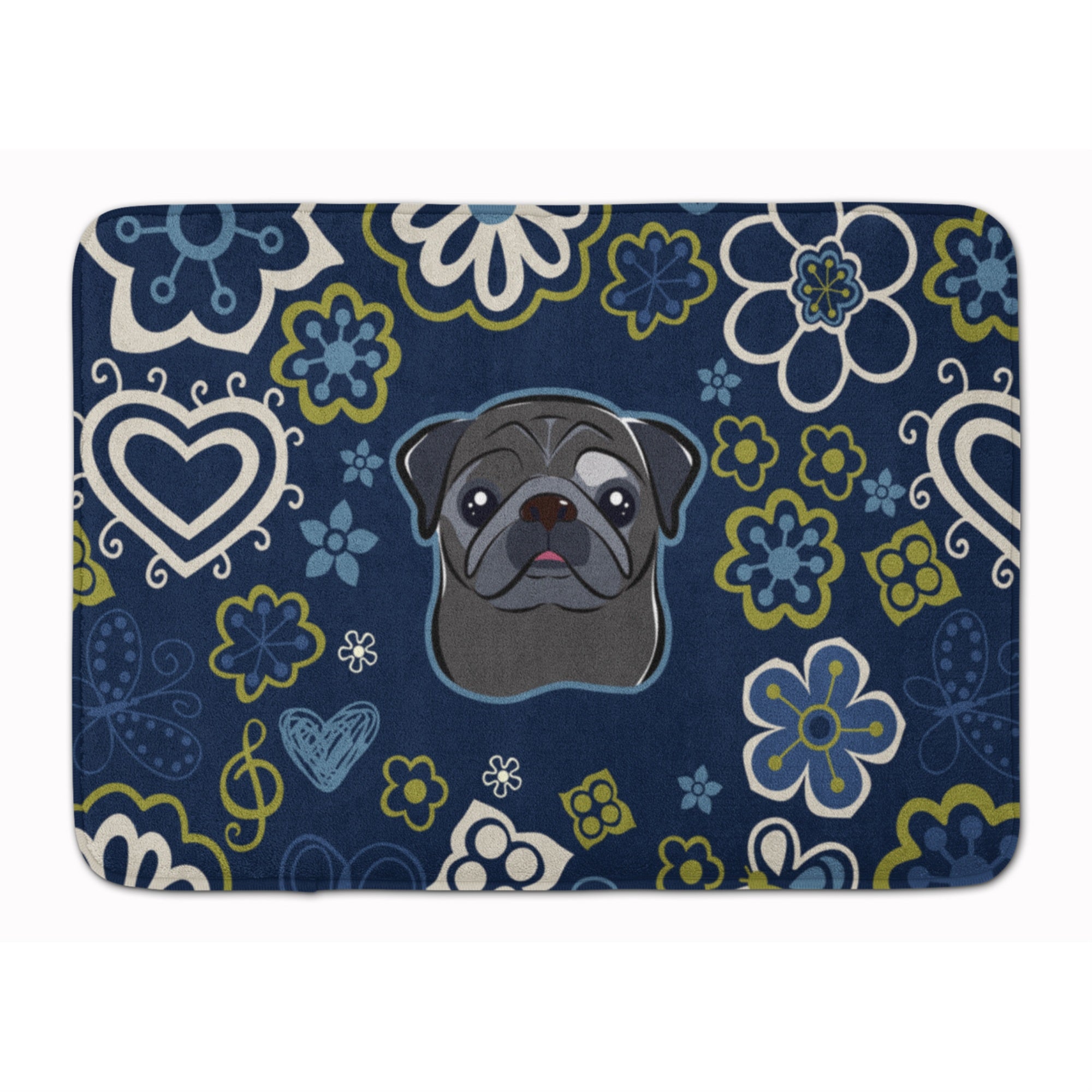 Caroline'S Treasures Blue Flowers Black Pug Floor Mat, 19 X 27, Multicolor