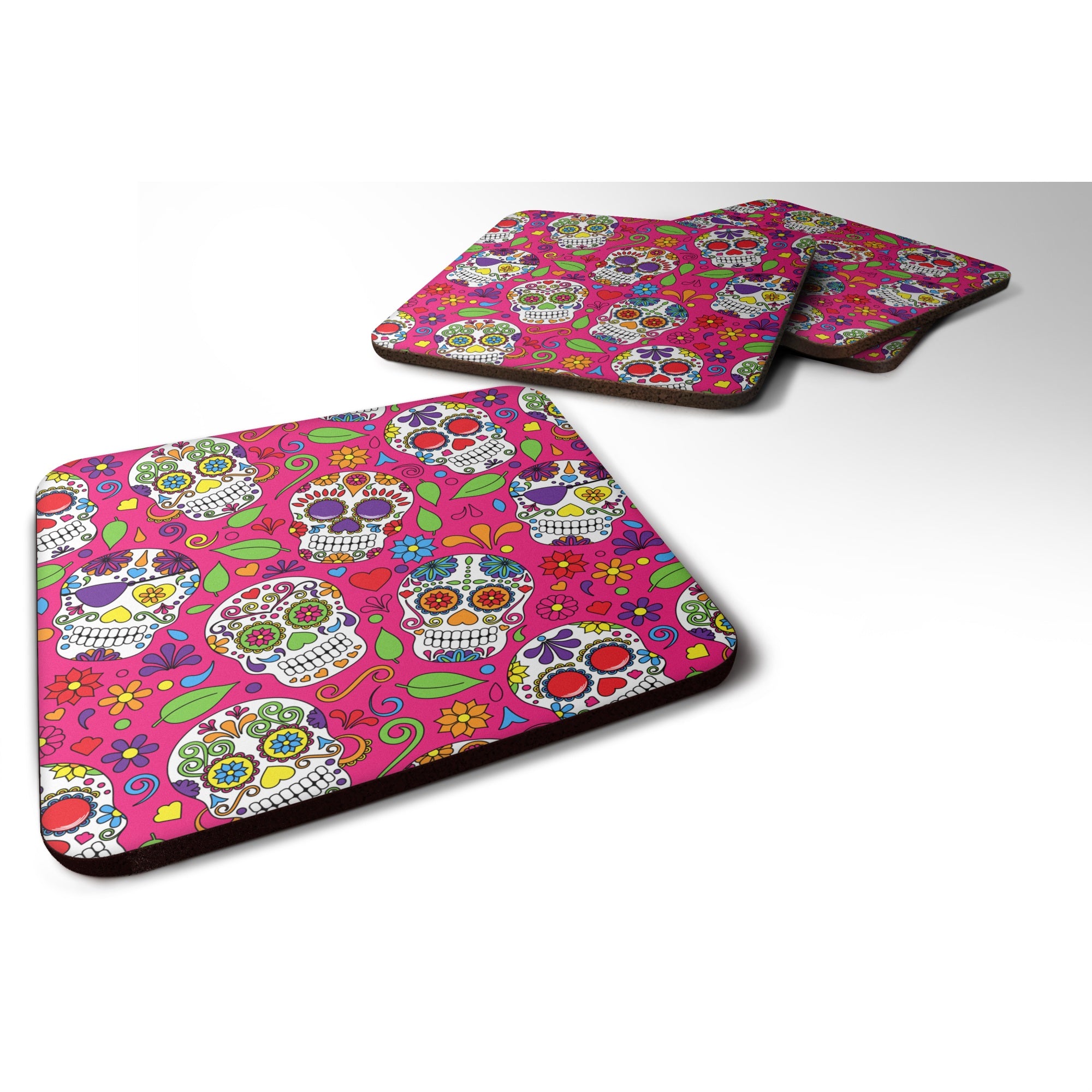 Caroline'S Treasures Day Of The Dead Pink Foam Coaster Set Of 4, 3.5, Multicolor