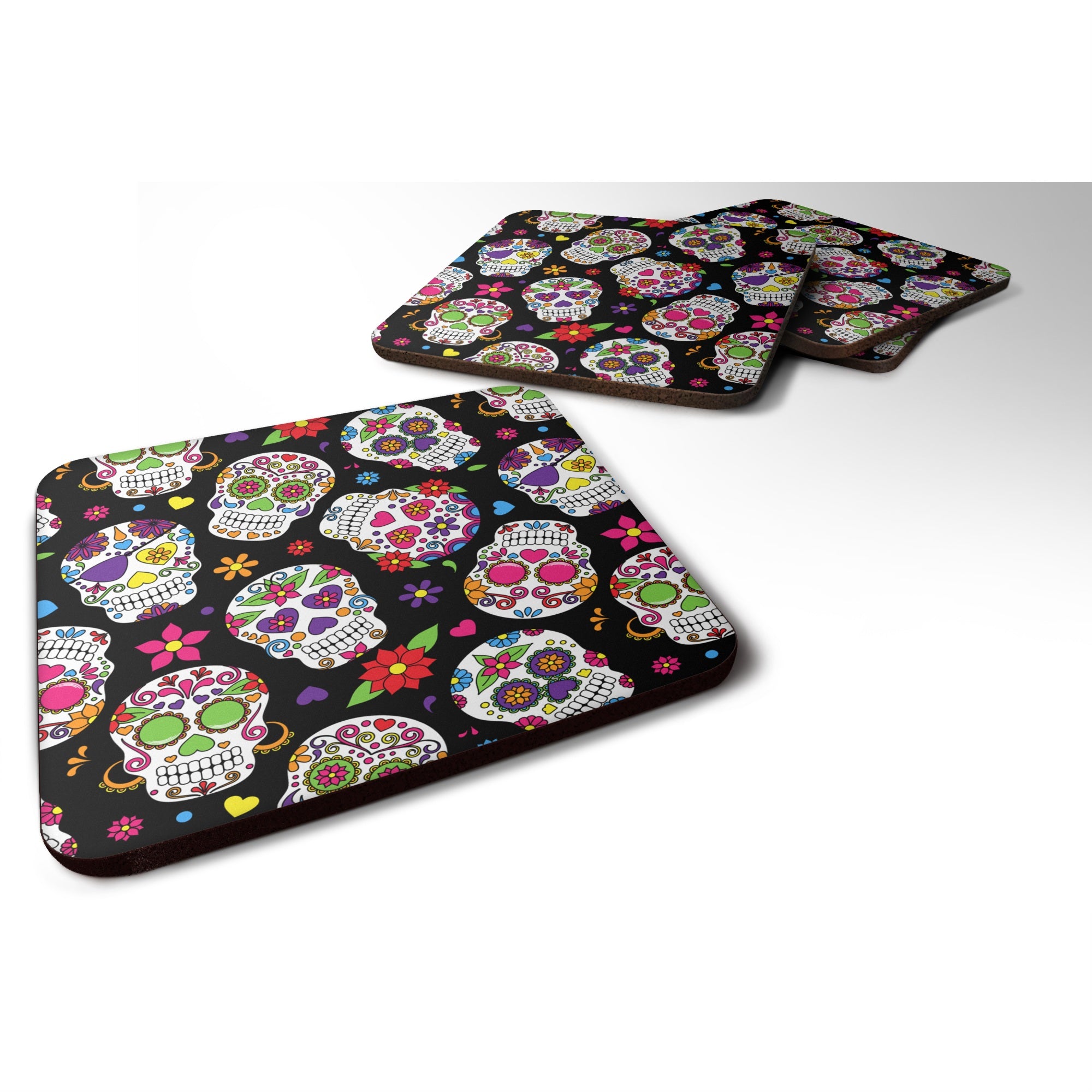 Caroline'S Treasures Day Of The Dead Black Foam Coaster Set Of 4, 3.5, Multicolor