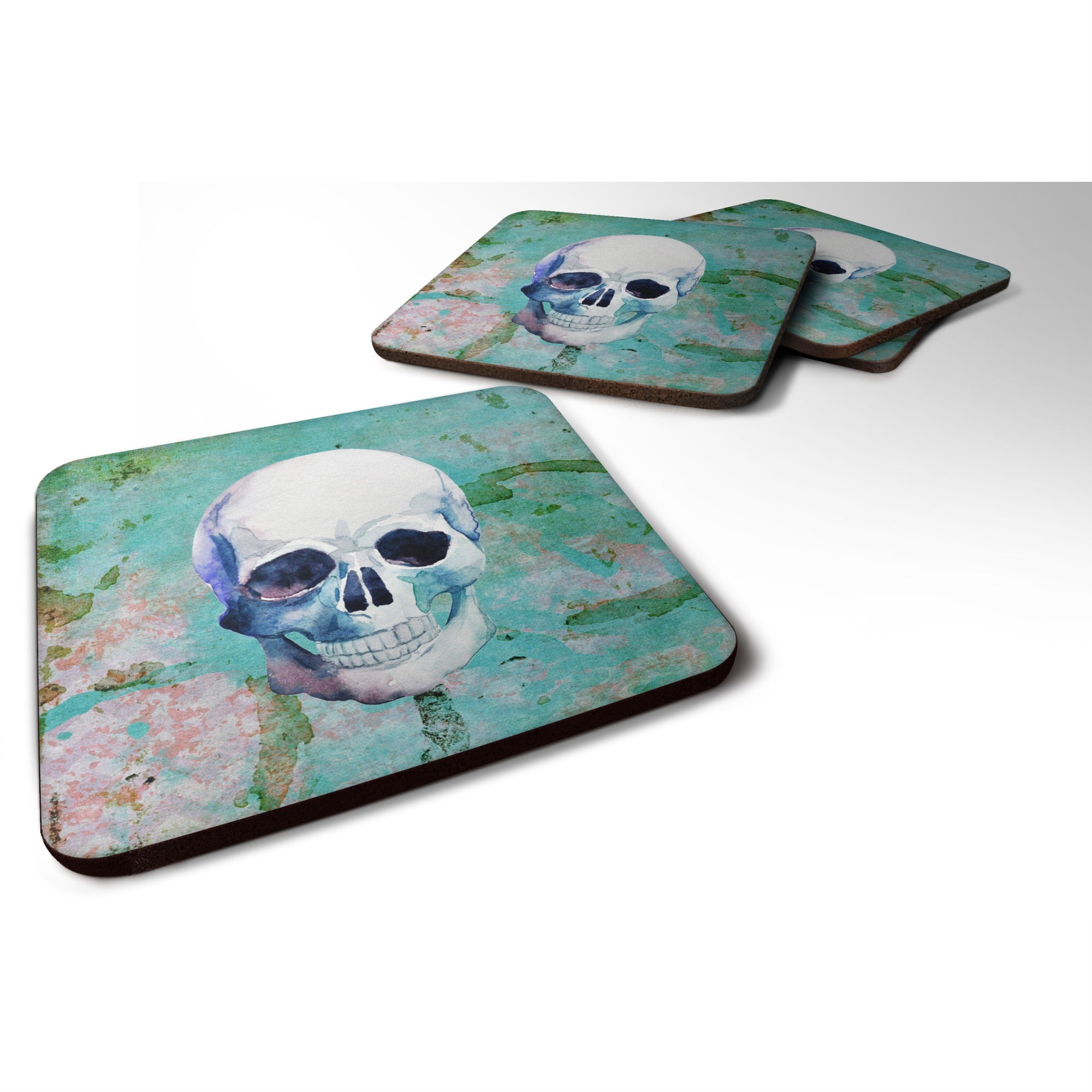 Caroline'S Treasures Day Of The Dead Teal Skull Foam Coaster Set Of 4, 3.5, Multicolor