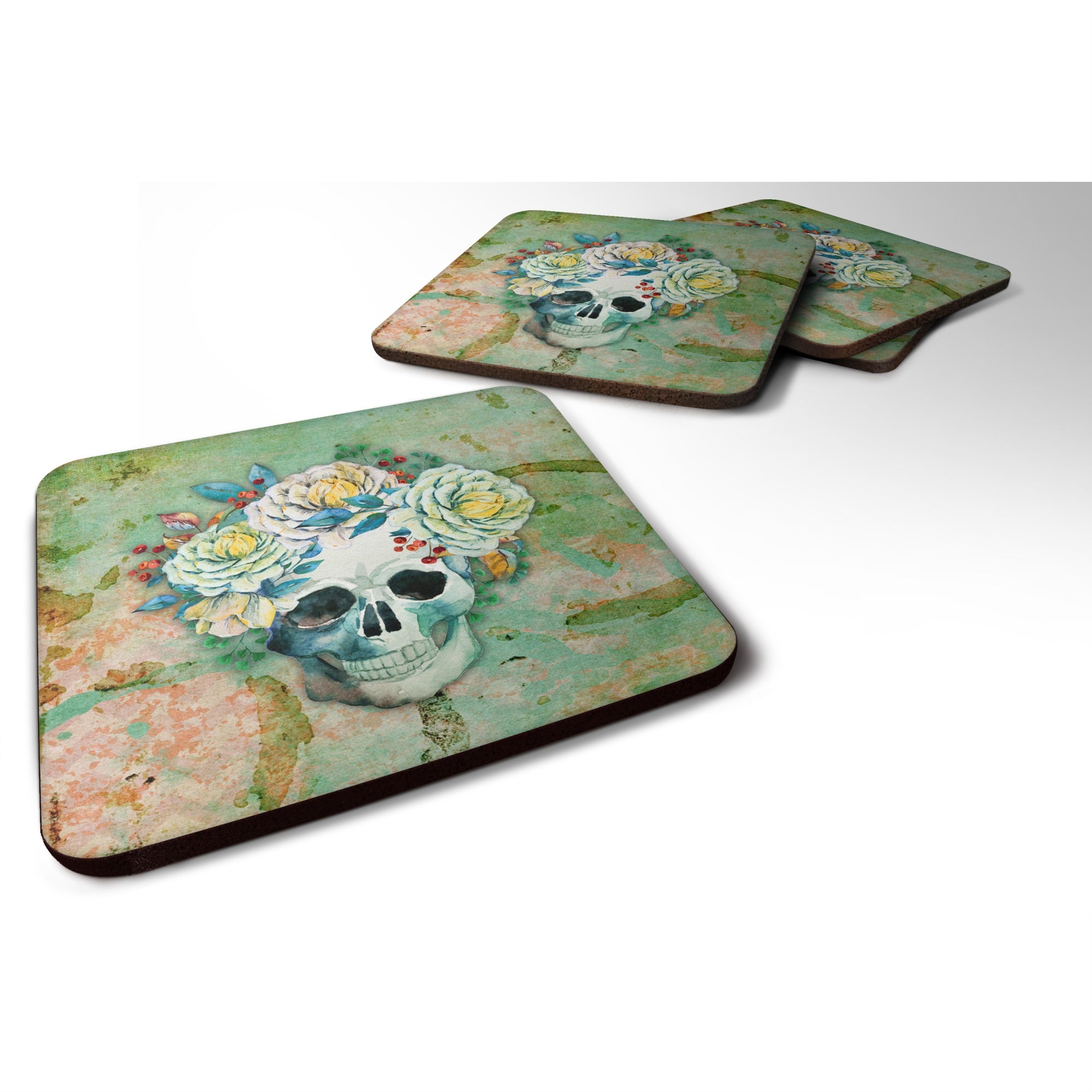 Caroline'S Treasures Day Of The Dead Skull With Flowers Foam Coaster Set Of 4, 3.5, Multicolor