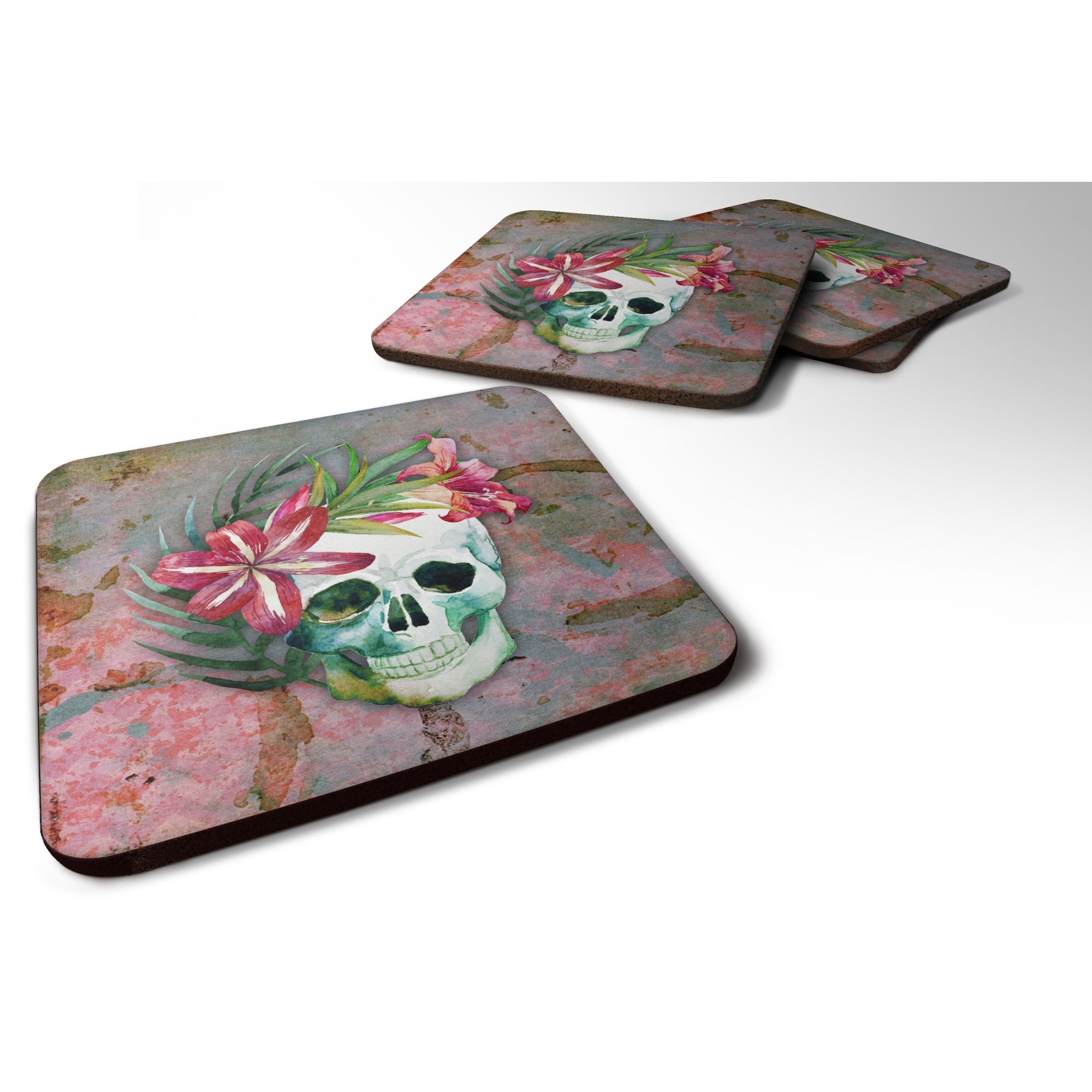 Caroline'S Treasures Day Of The Dead Skull Flowers Foam Coaster Set Of 4, 3.5, Multicolor