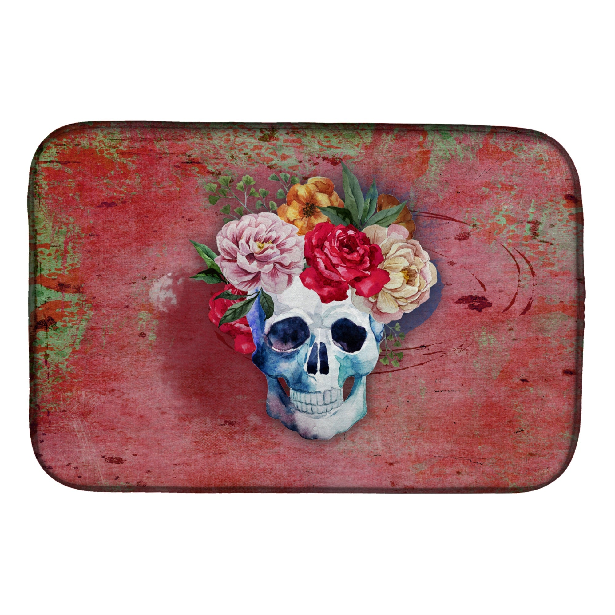 Caroline'S Treasures Day Of The Dead Red Flowers Skull Dish Drying Mat, 14 X 21