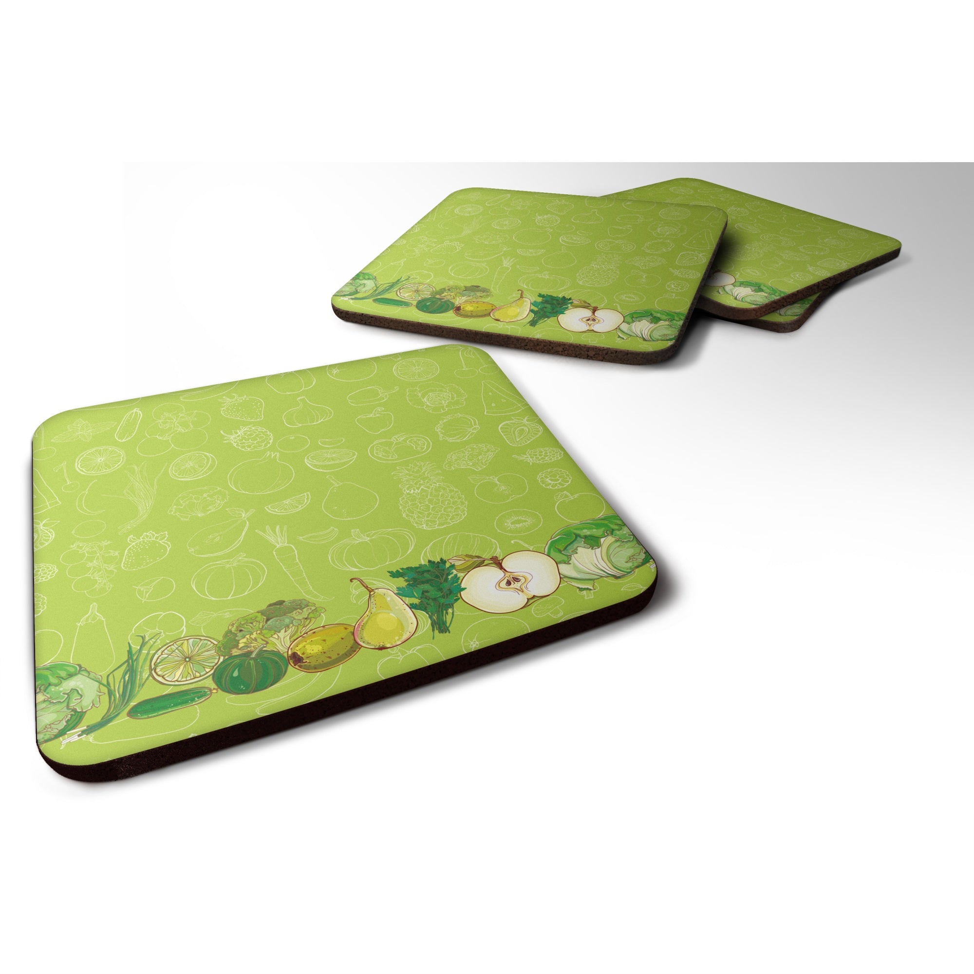 Caroline'S Treasures Fruits & Vegetables In Green Foam Coaster Set Of 4, 3.5, Multicolor