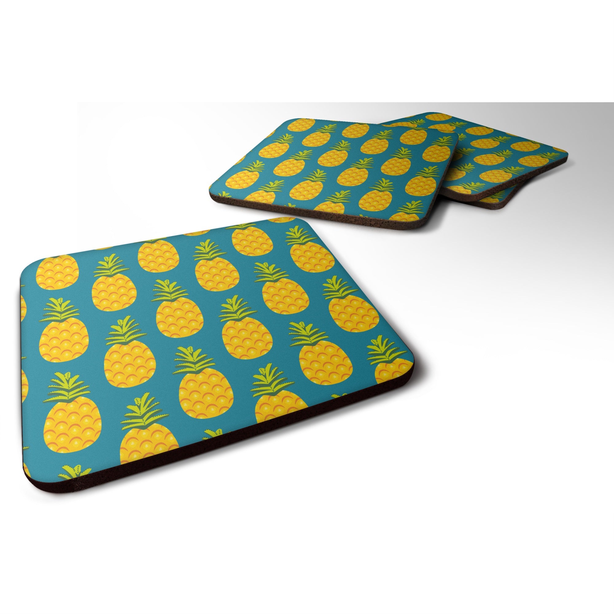 Caroline'S Treasures Pineapples On Teal Foam Coaster Set Of 4, 3.5, Multicolor