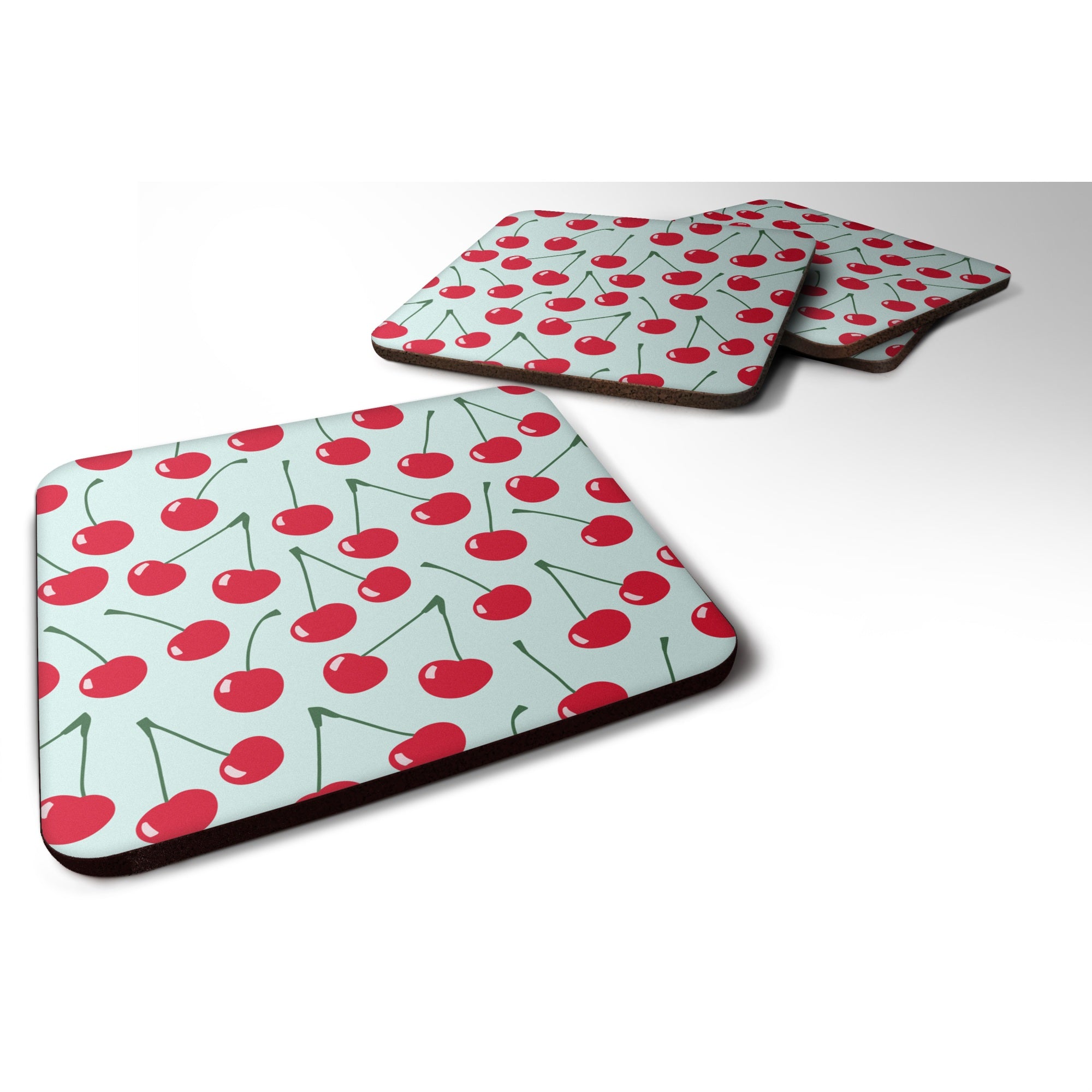Caroline'S Treasures Cherries On Blue Foam Coaster Set Of 4, 3.5, Multicolor