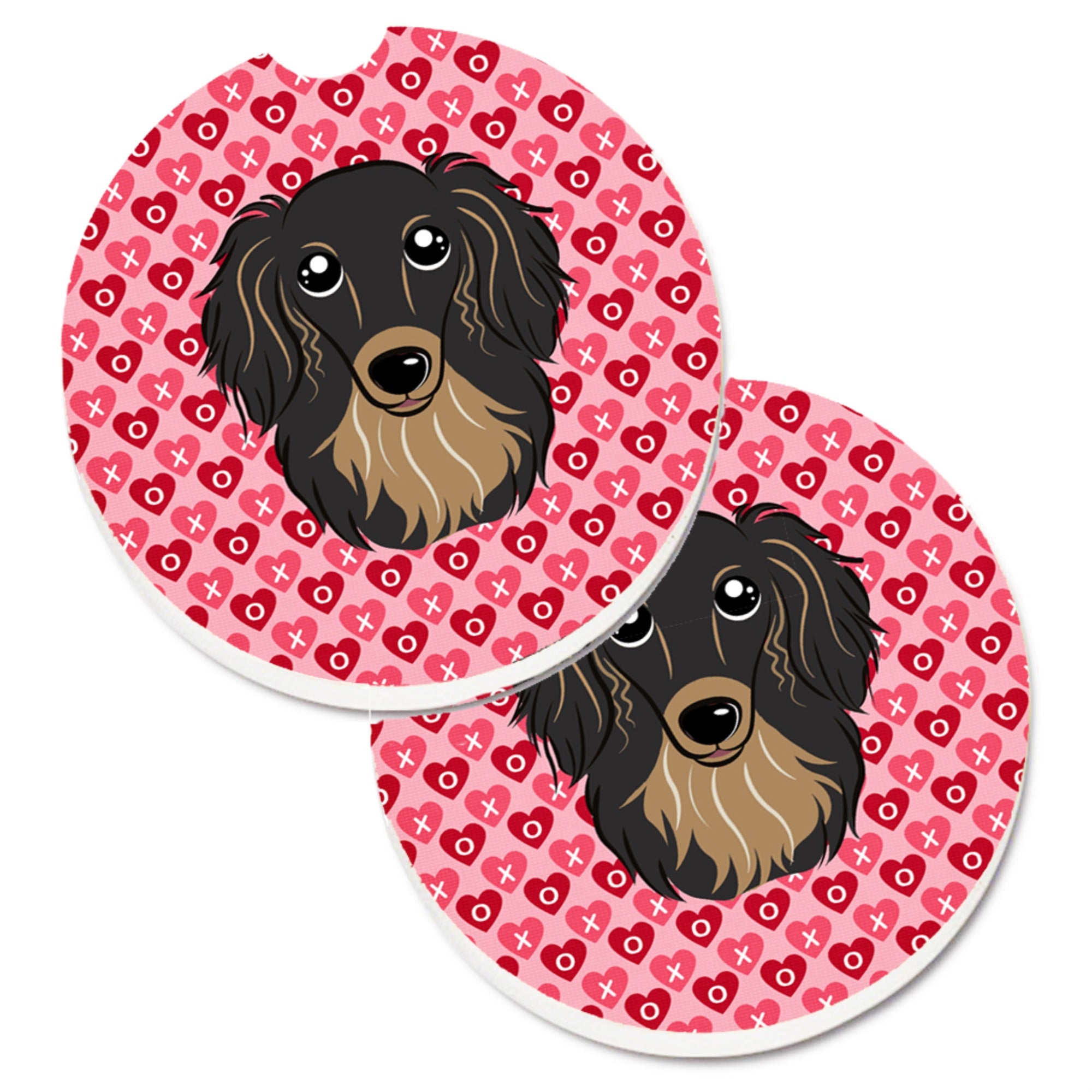 Caroline'S Treasures Longhair Black & Tan Dachshund Hearts Set Of 2 Cup Holder Car Coasters, 2.56, Multicolor