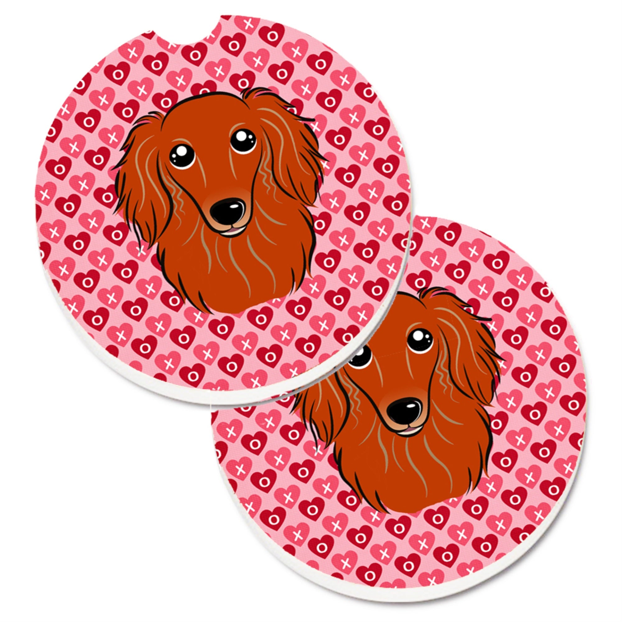 Caroline'S Treasures Longhair Red Dachshund Hearts Set Of 2 Cup Holder Car Coasters, 2.56, Multicolor