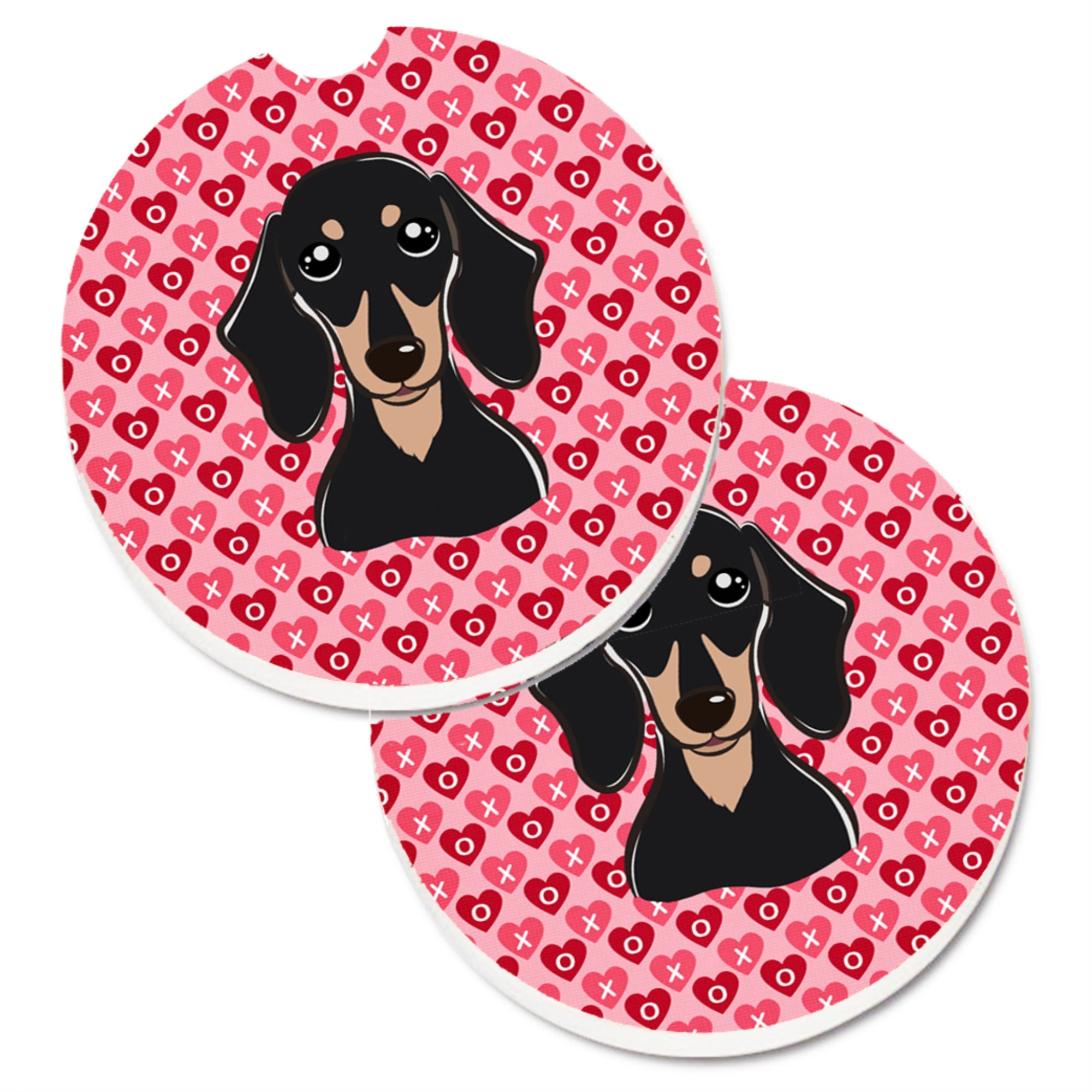 Caroline'S Treasures Smooth Black & Tan Dachshund Hearts Set Of 2 Cup Holder Car Coasters, 2.56, Multicolor