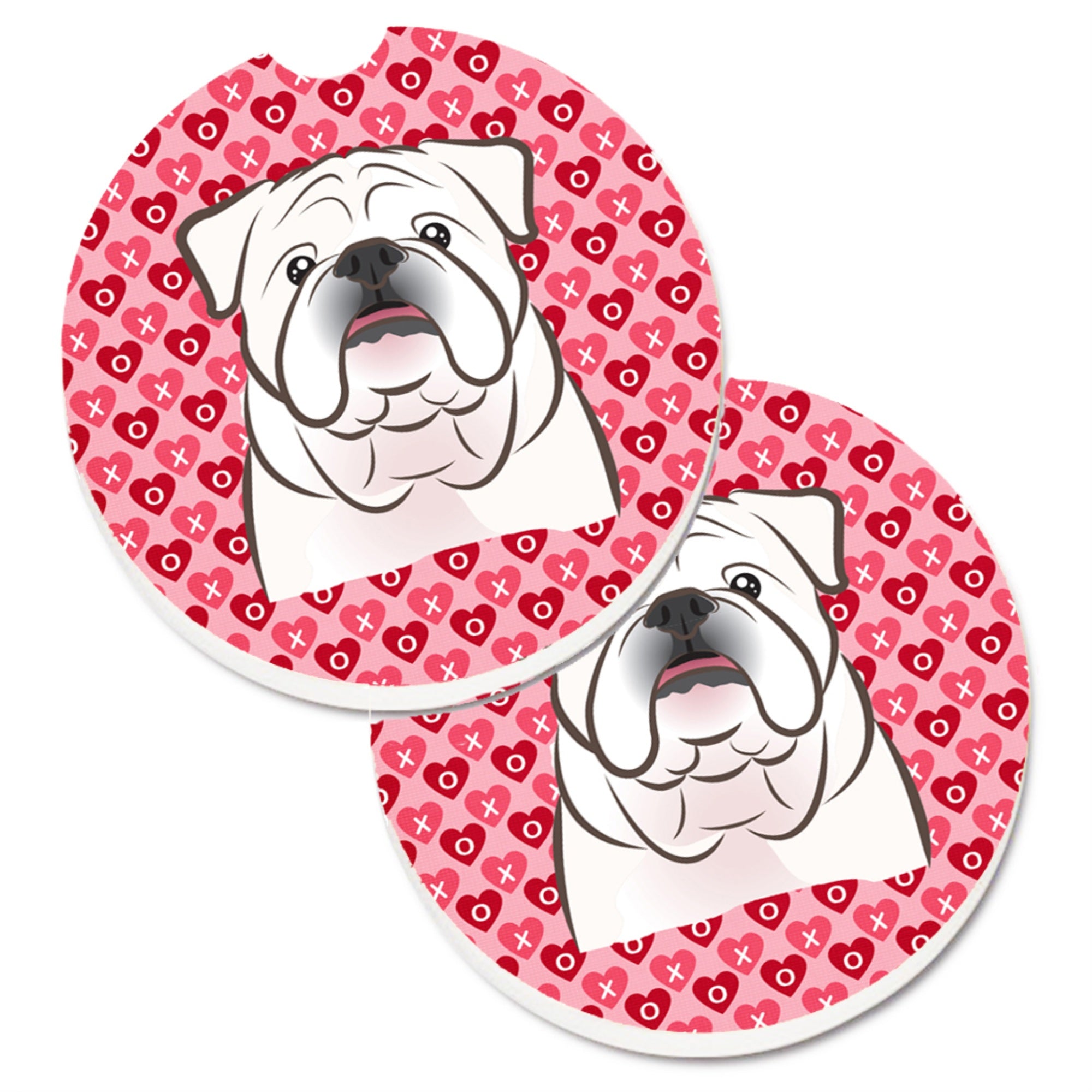Caroline'S Treasures White English Bulldog Hearts Set Of 2 Cup Holder Car Coasters, 2.56, Multicolor