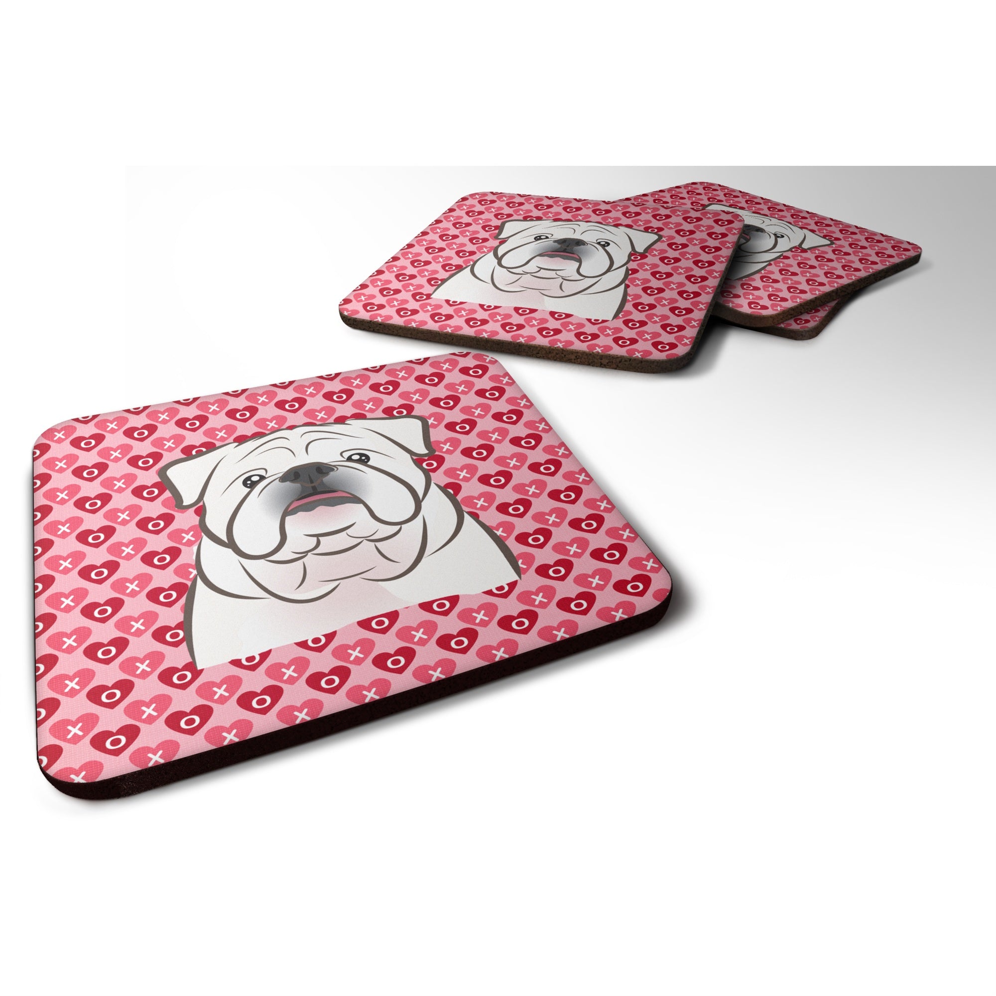 Caroline'S Treasures White English Bulldog Hearts Foam Coaster Set Of 4, 3.5, Multicolor