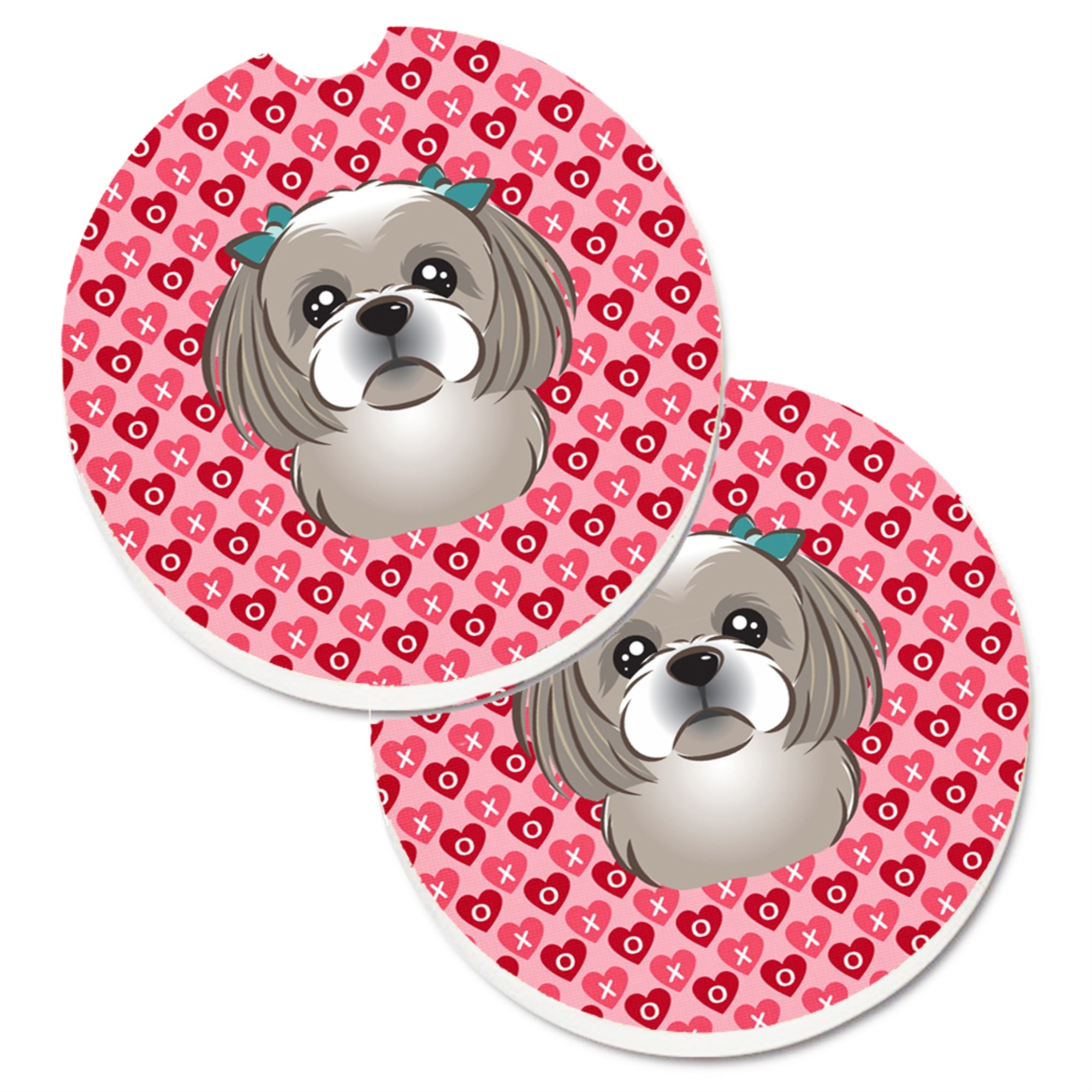 Caroline'S Treasures Gray Silver Shih Tzu Hearts Set Of 2 Cup Holder Car Coasters, 2.56, Multicolor