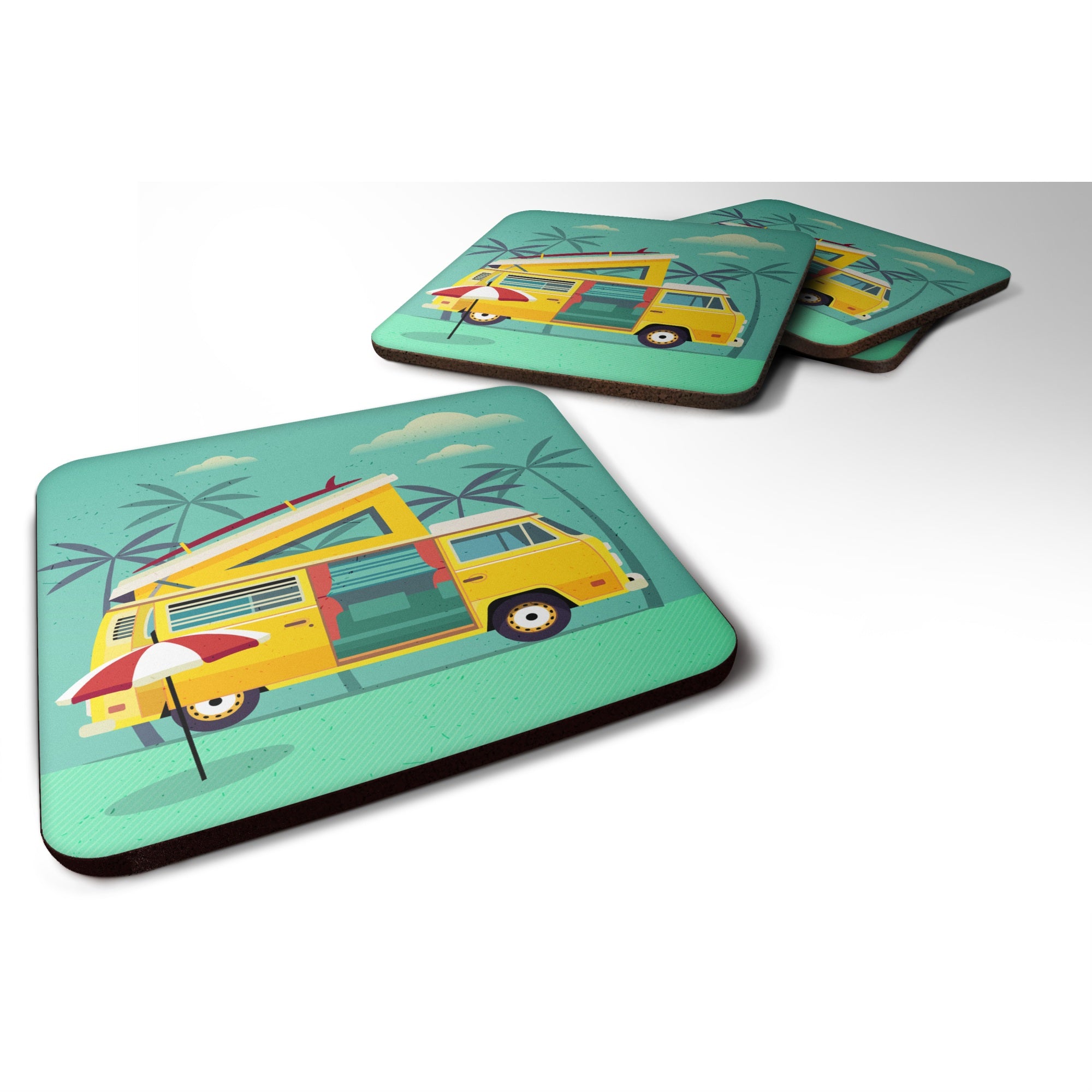 Caroline'S Treasures Greatest Adventure Camper Van Foam Coaster Set Of 4, 3.5, Multicolor