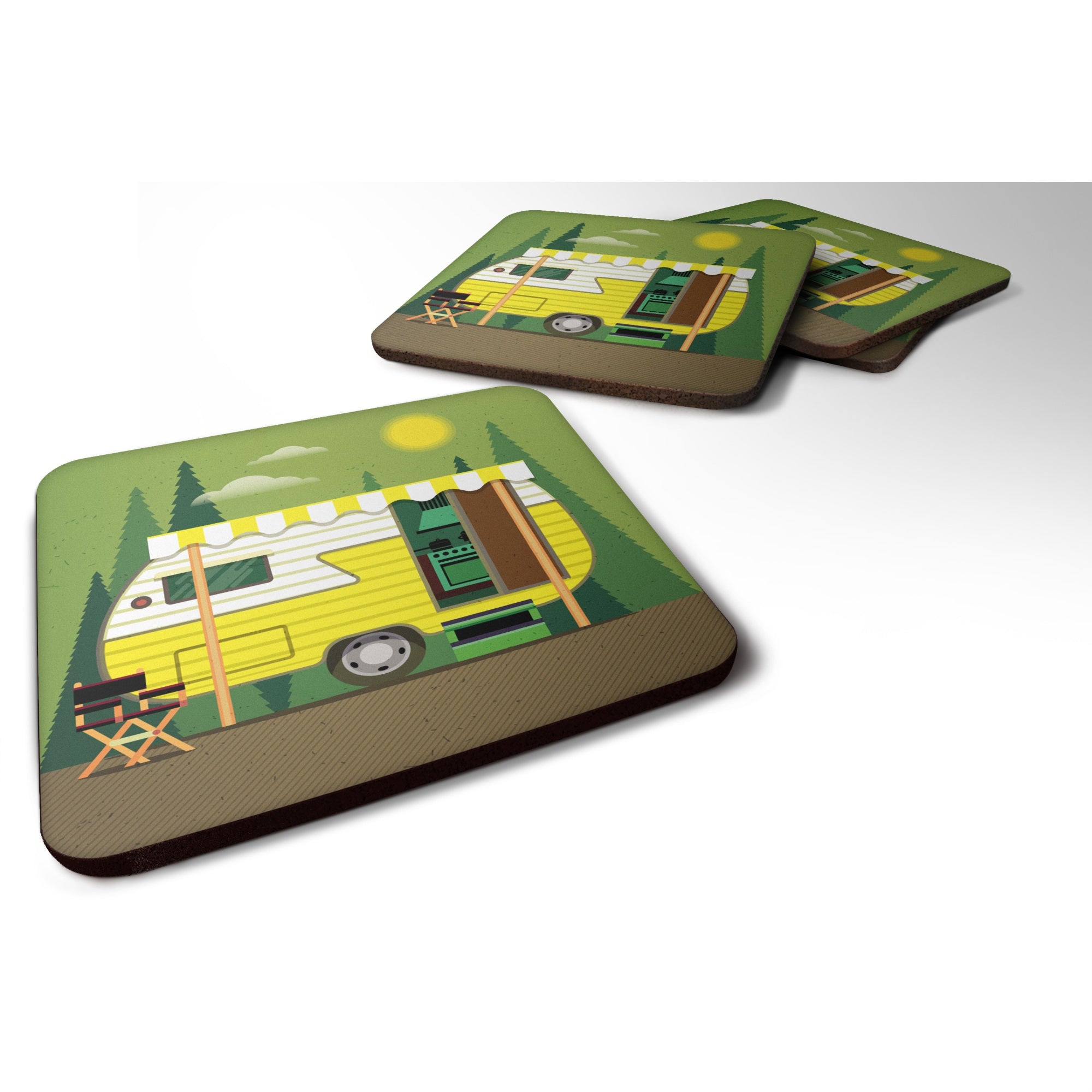 Caroline'S Treasures Greatest Adventure Retro Camper Foam Coaster Set Of 4, 3.5, Multicolor