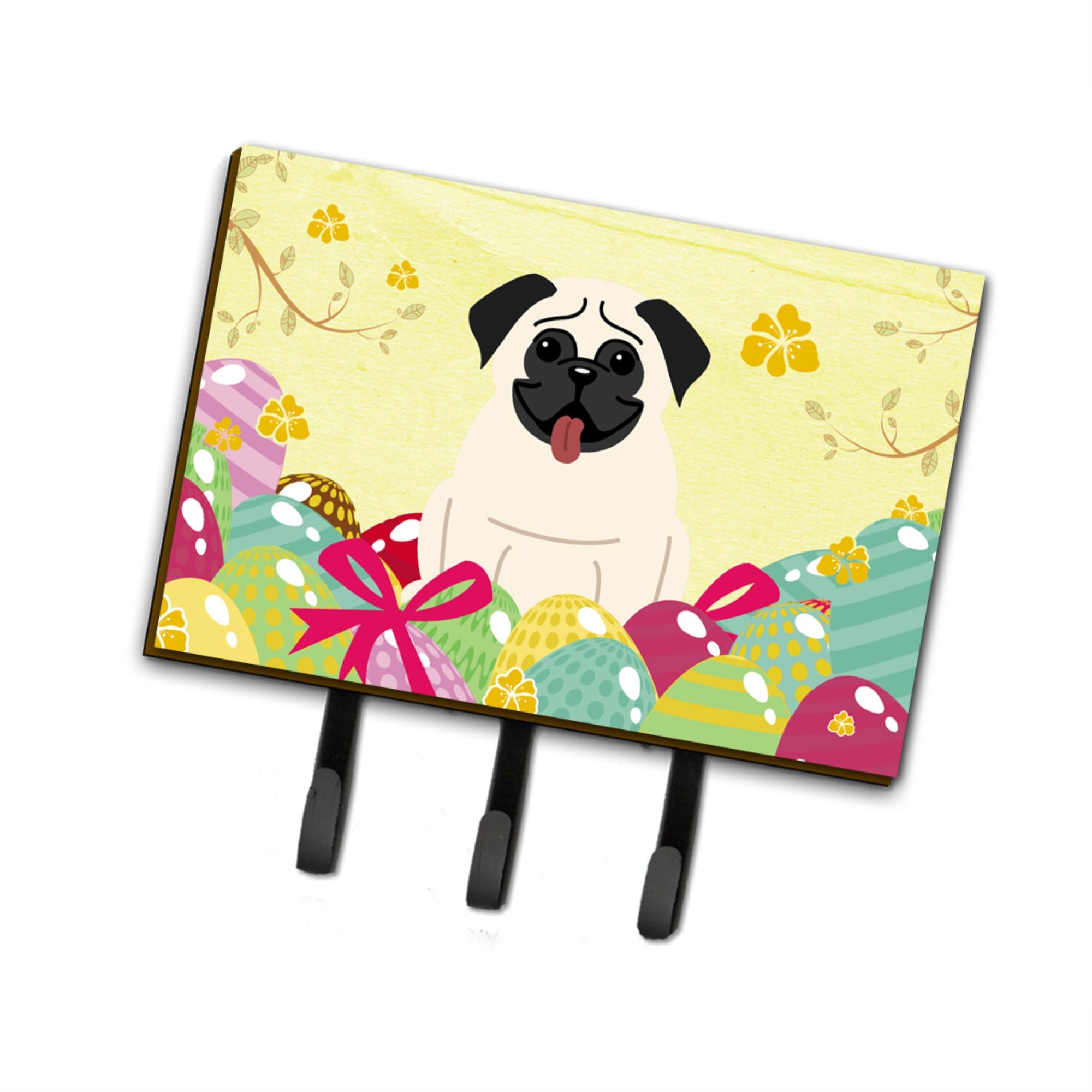 Caroline'S Treasures Easter Eggs Pug Cream Leash Or Key Holder Hooks, Multicolor