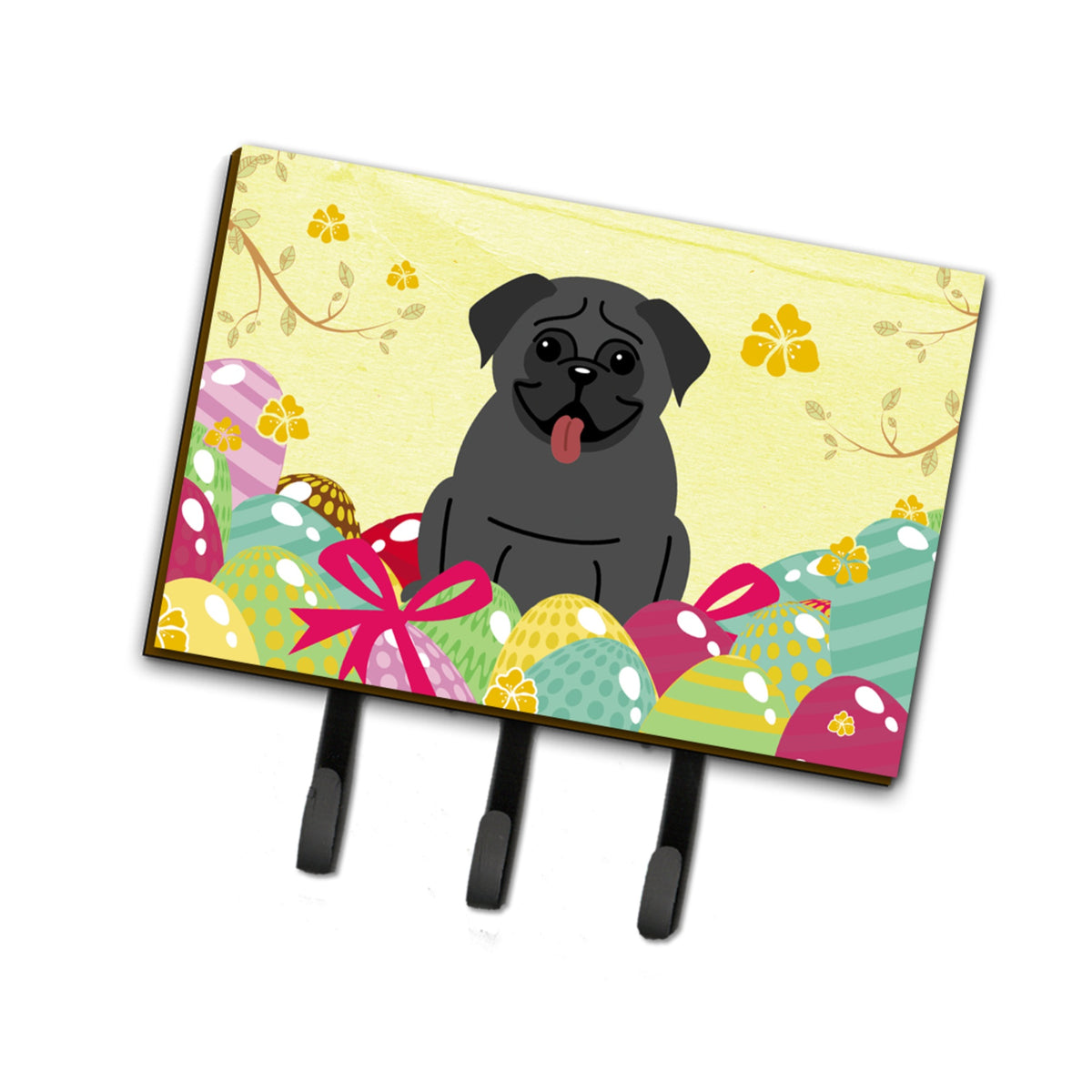 Caroline'S Treasures Easter Eggs Pug Black Leash Or Key Holder Hooks, Multicolor