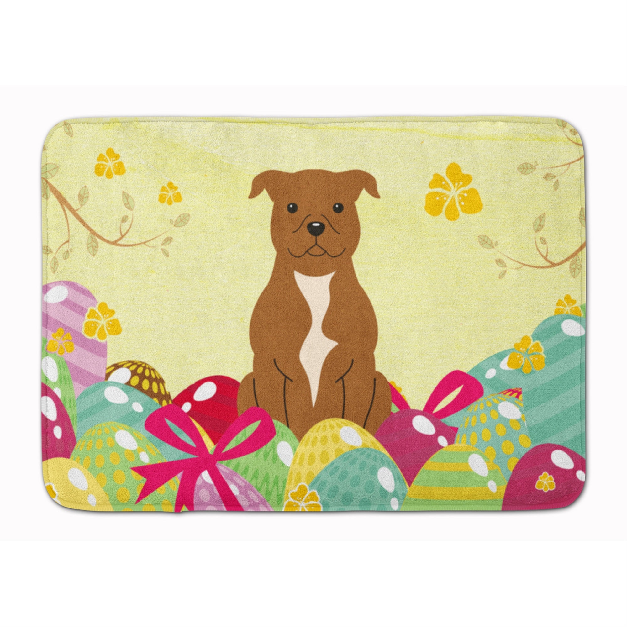 Caroline'S Treasures Easter Eggs Staffordshire Bull Terrier Brown Machine Washable Memory Foam Mat Doormats, Multicolor