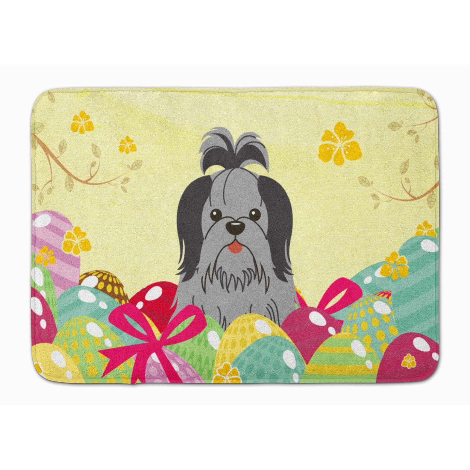 Caroline'S Treasures Easter Eggs Shih Tzu Black Silver Machine Washable Memory Foam Mat Doormats, Multicolor