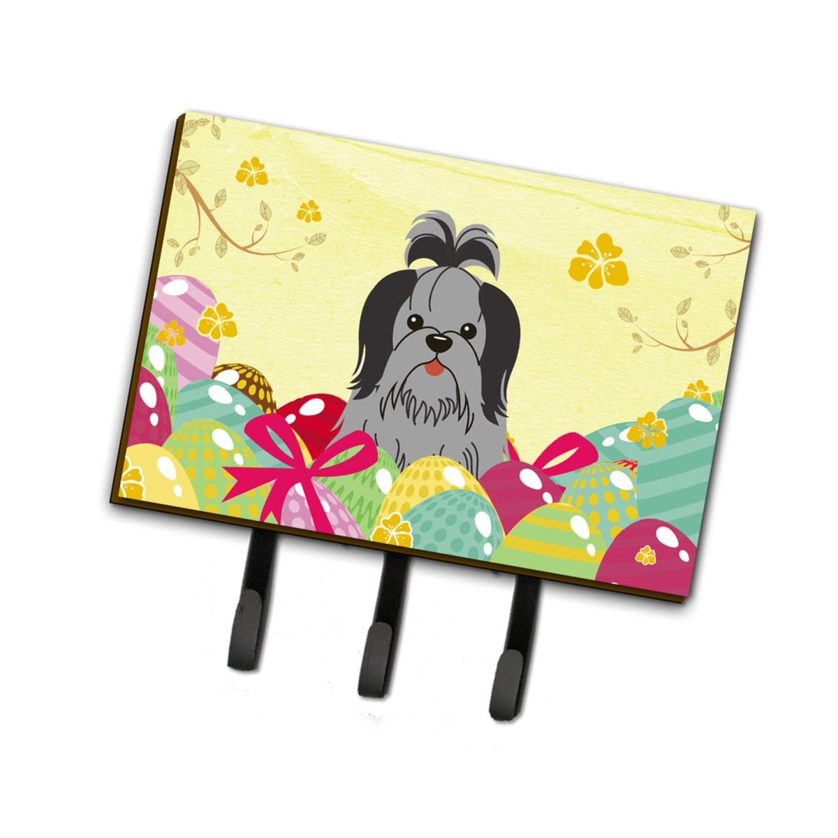 Caroline'S Treasures Easter Eggs Shih Tzu Black Silver Leash Or Key Holder Hooks, Multicolor